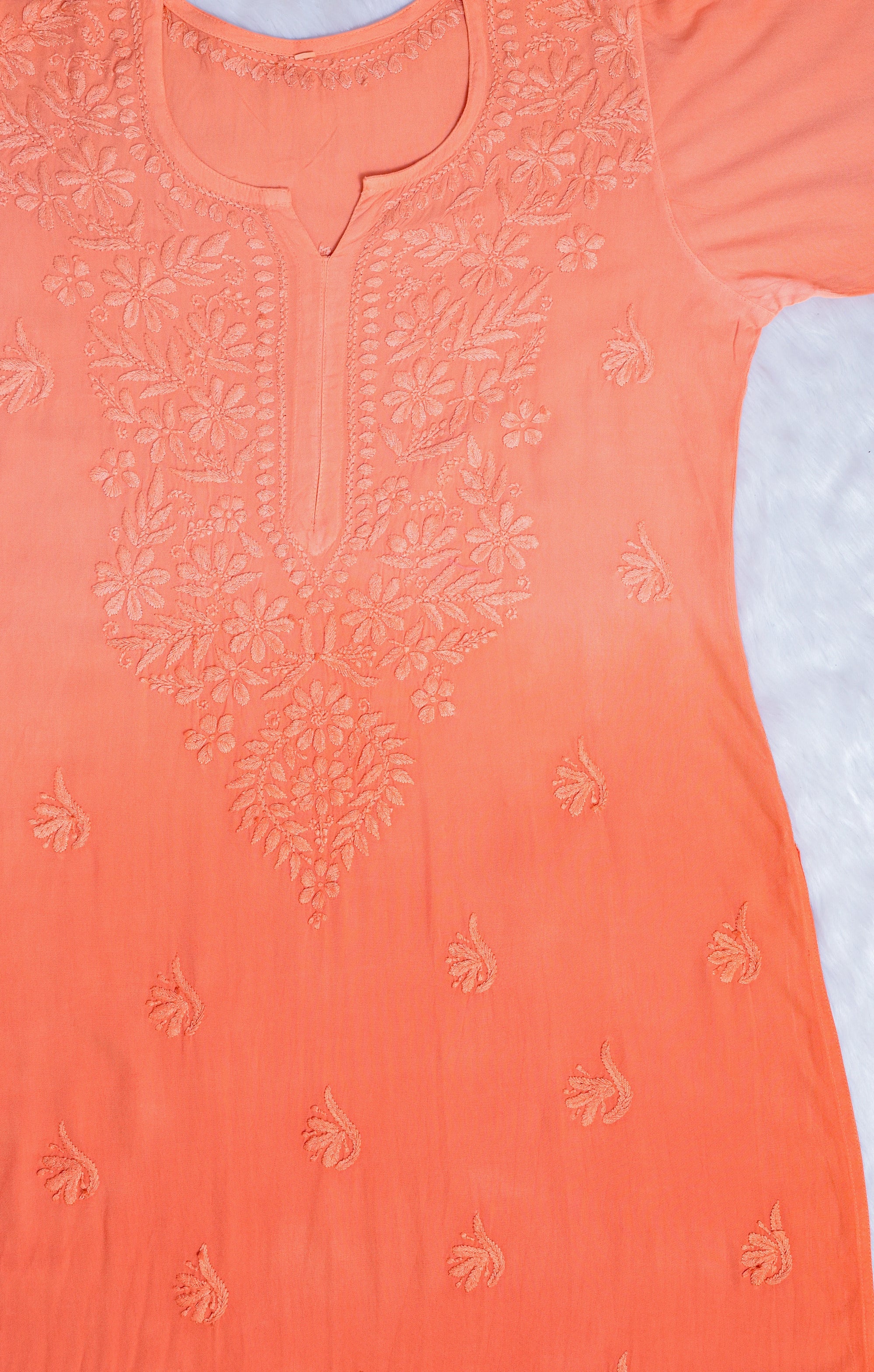 Peach Ombre Long Rayon Chikankari