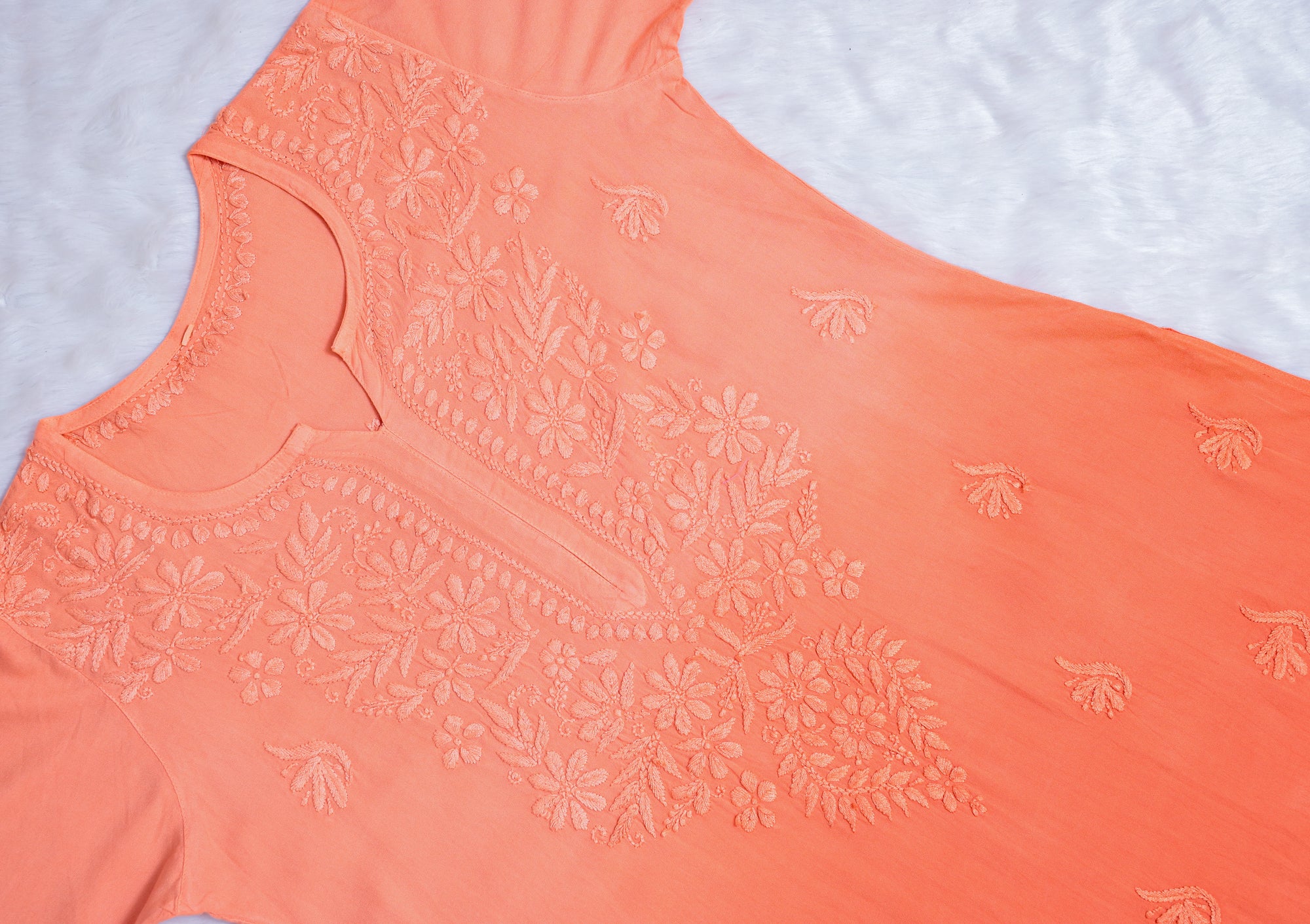 Peach Ombre Long Rayon Chikankari