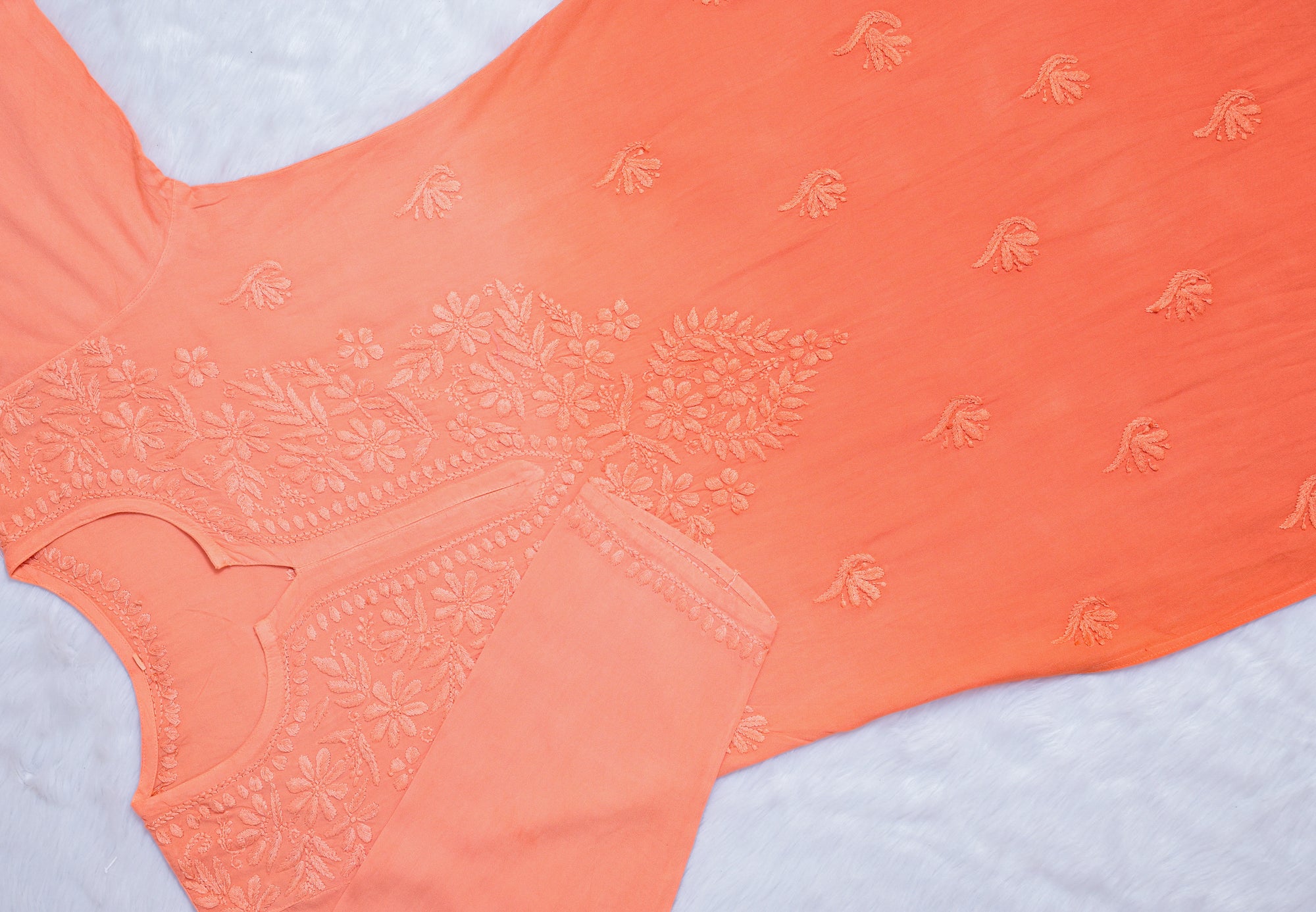 Peach Ombre Long Rayon Chikankari