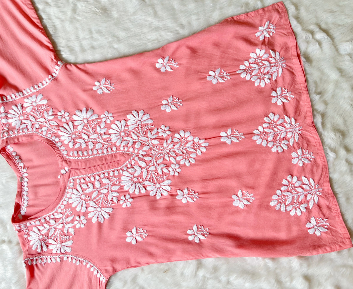 Peach Short Rayon Kurta with White Chikankari