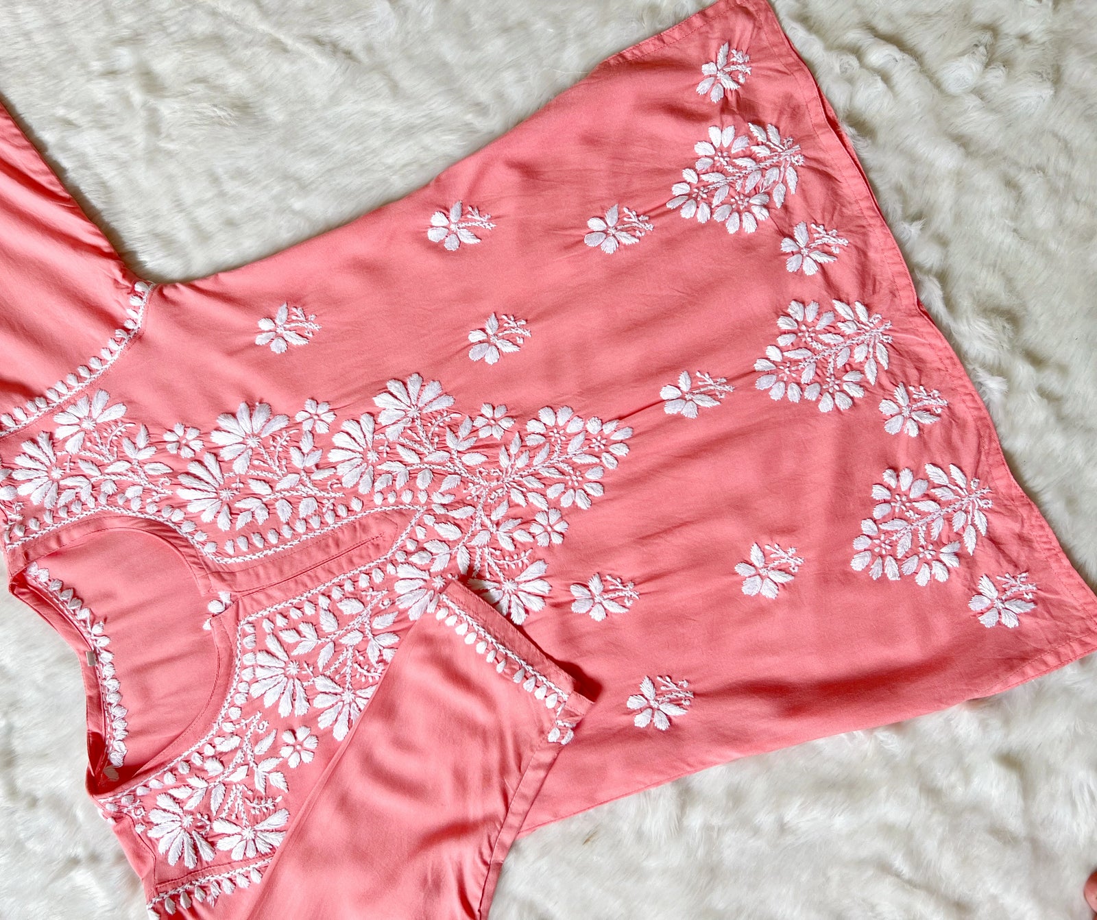 Peach Short Rayon Kurta with White Chikankari