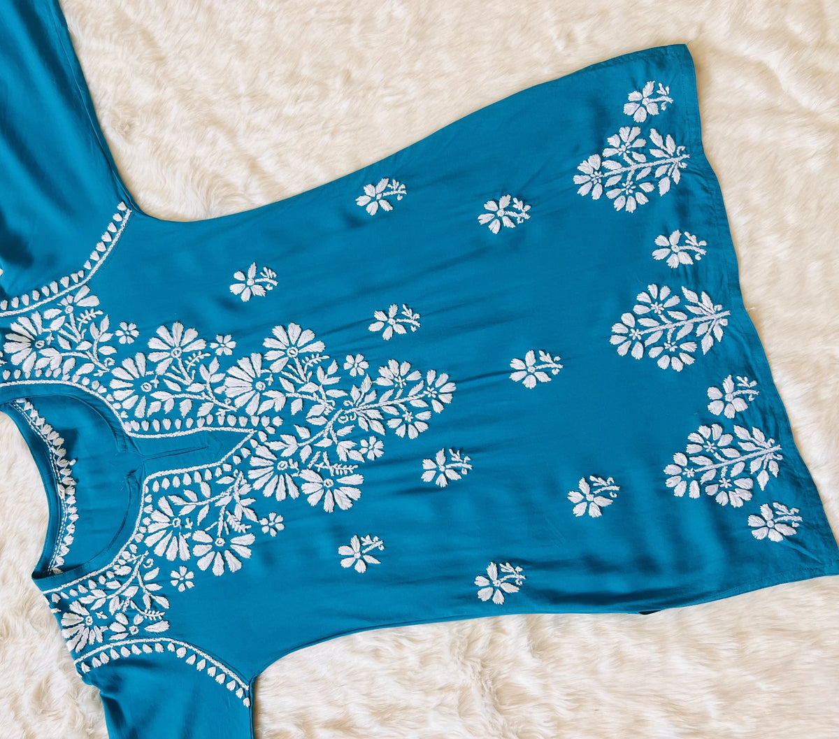 Peacock Blue Short Rayon Kurta with White Chikankari