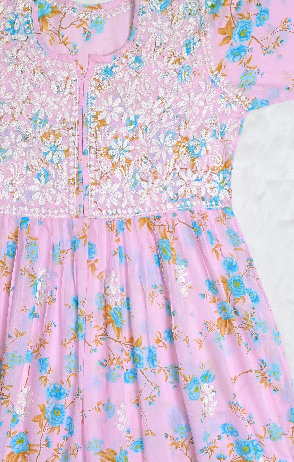 Pink &amp; Blue Floral MulMul Chikankari Gown