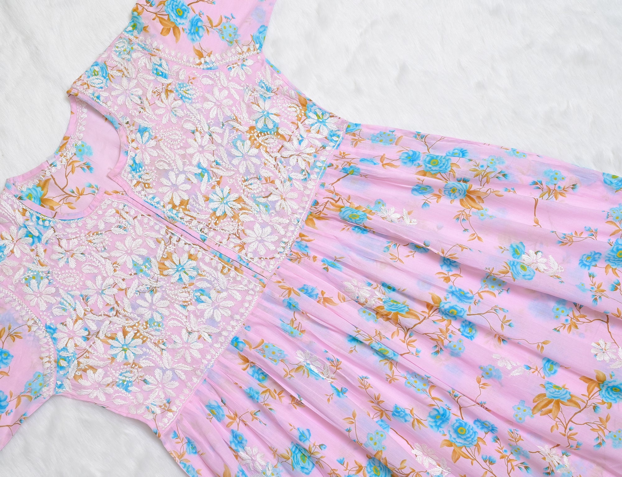 Pink & Blue Floral MulMul Chikankari Gown