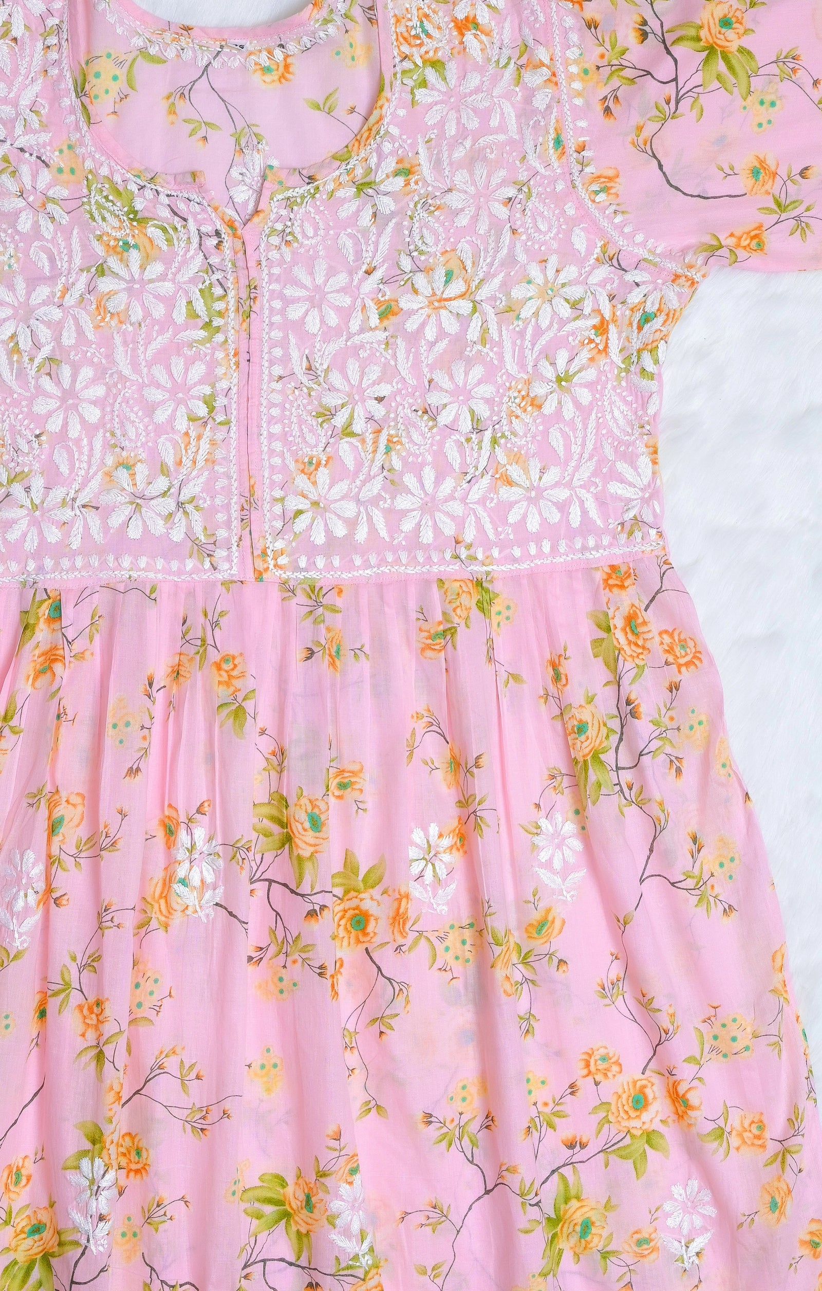 Pink & Yellow Floral MulMul Chikankari Gown