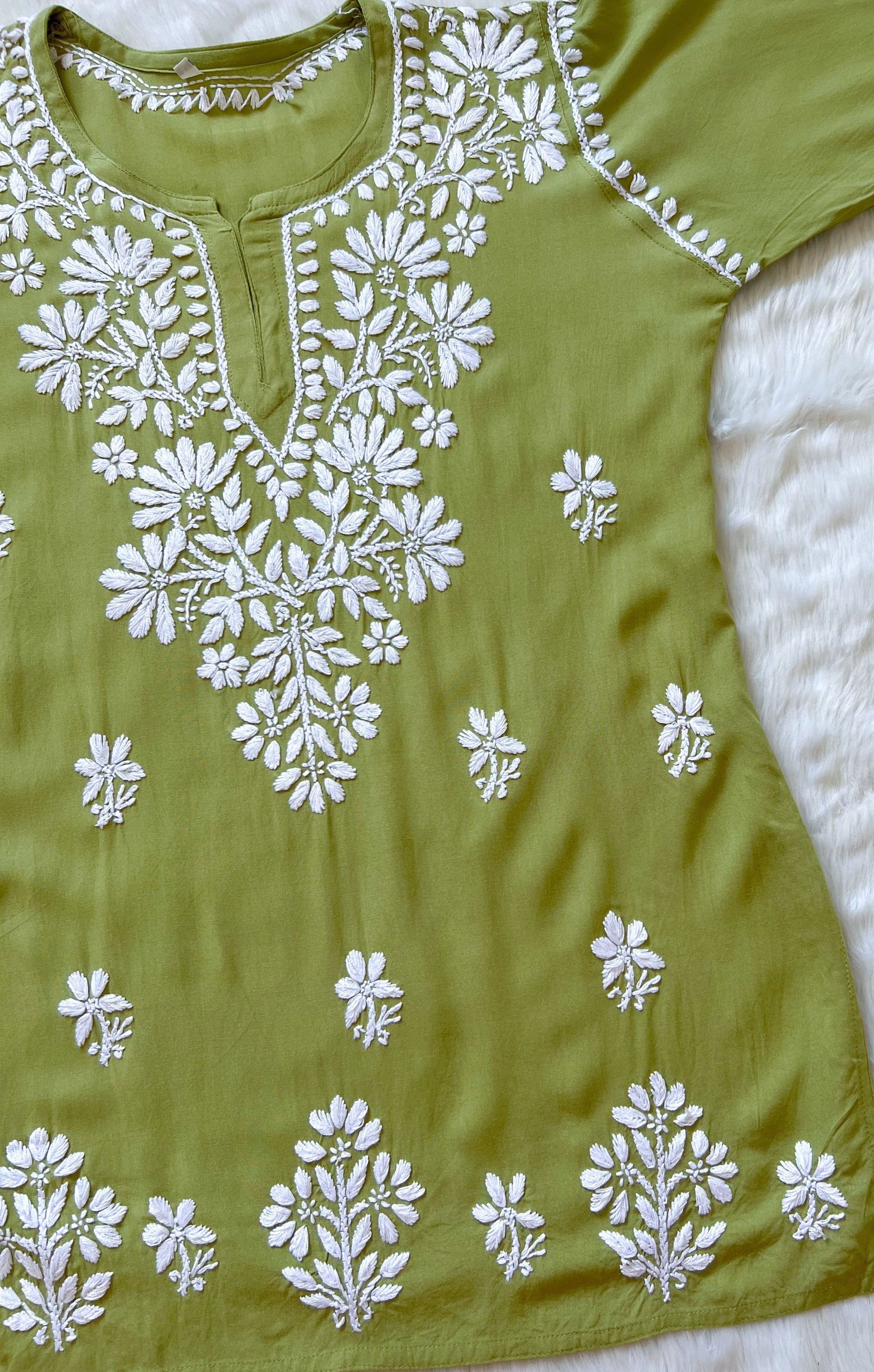 Pista Green Short Rayon Kurta with White Chikankari