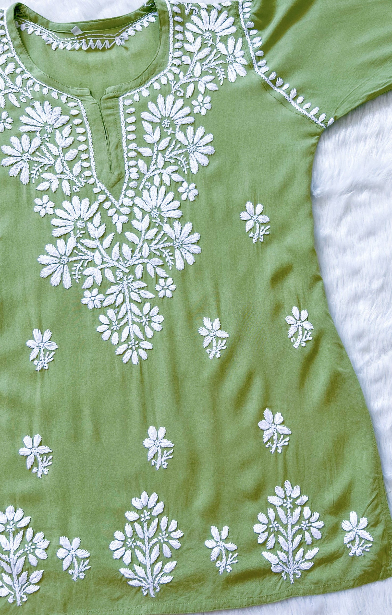 Pista Green Short Rayon Kurta with White Chikankari