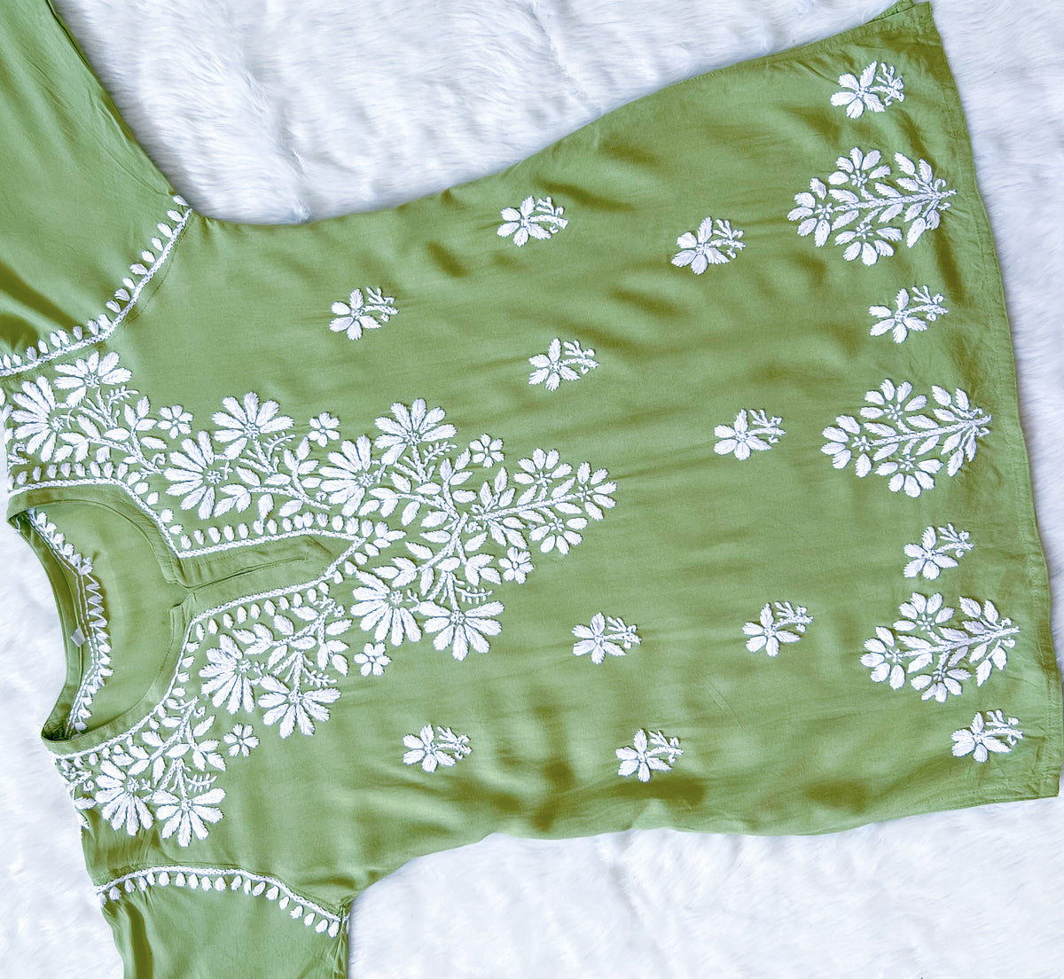 Pista Green Short Rayon Kurta with White Chikankari