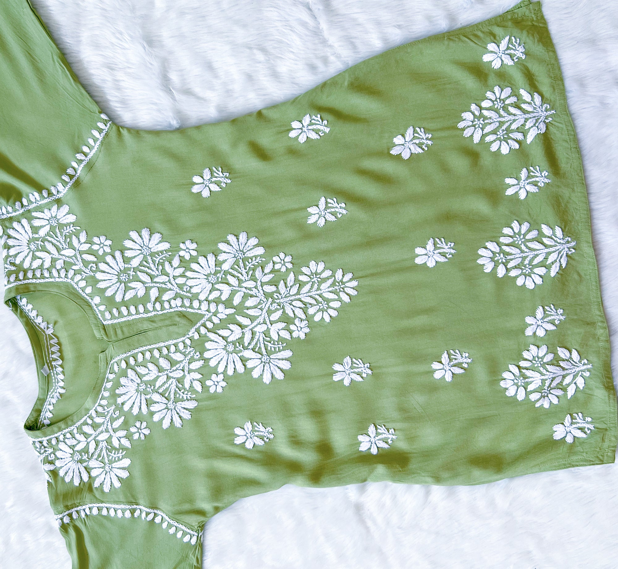 Pista Green Short Rayon Kurta with White Chikankari