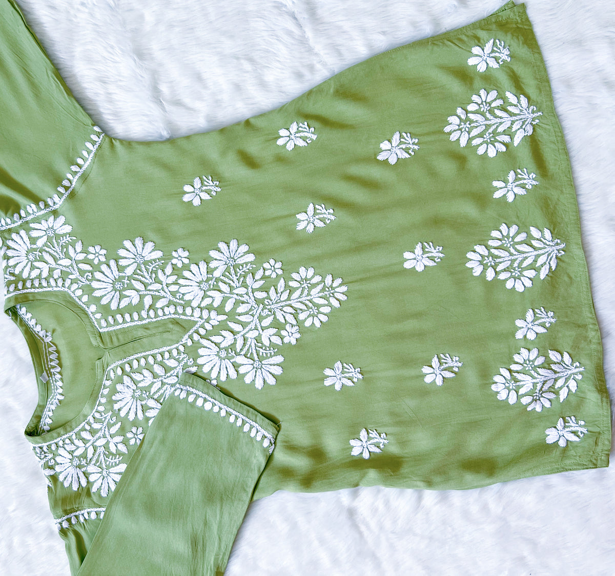 Pista Green Short Rayon Kurta with White Chikankari