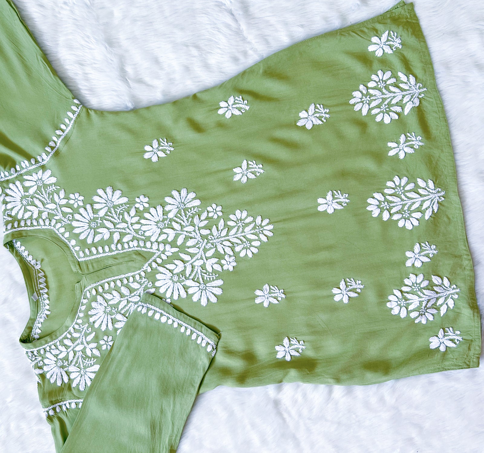 Pista Green Short Rayon Kurta with White Chikankari