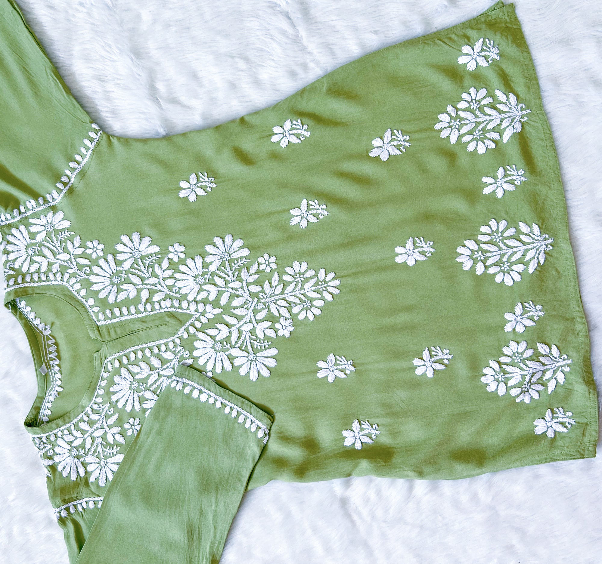 Pista Green Short Rayon Kurta with White Chikankari