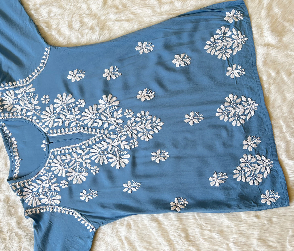 Powder Blue Short Rayon Kurta with White Chikankari