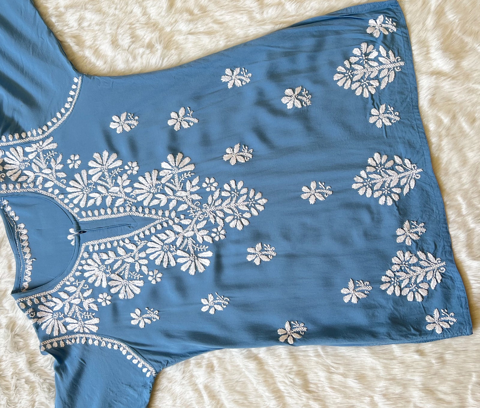 Powder Blue Short Rayon Kurta with White Chikankari