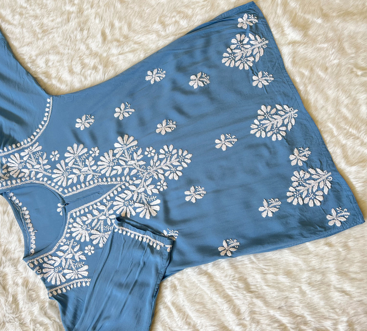 Powder Blue Short Rayon Kurta with White Chikankari