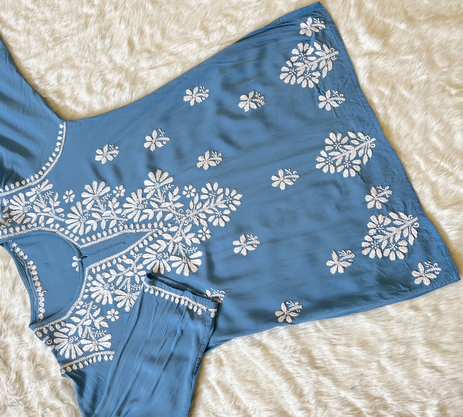 Powder Blue Short Rayon Kurta with White Chikankari