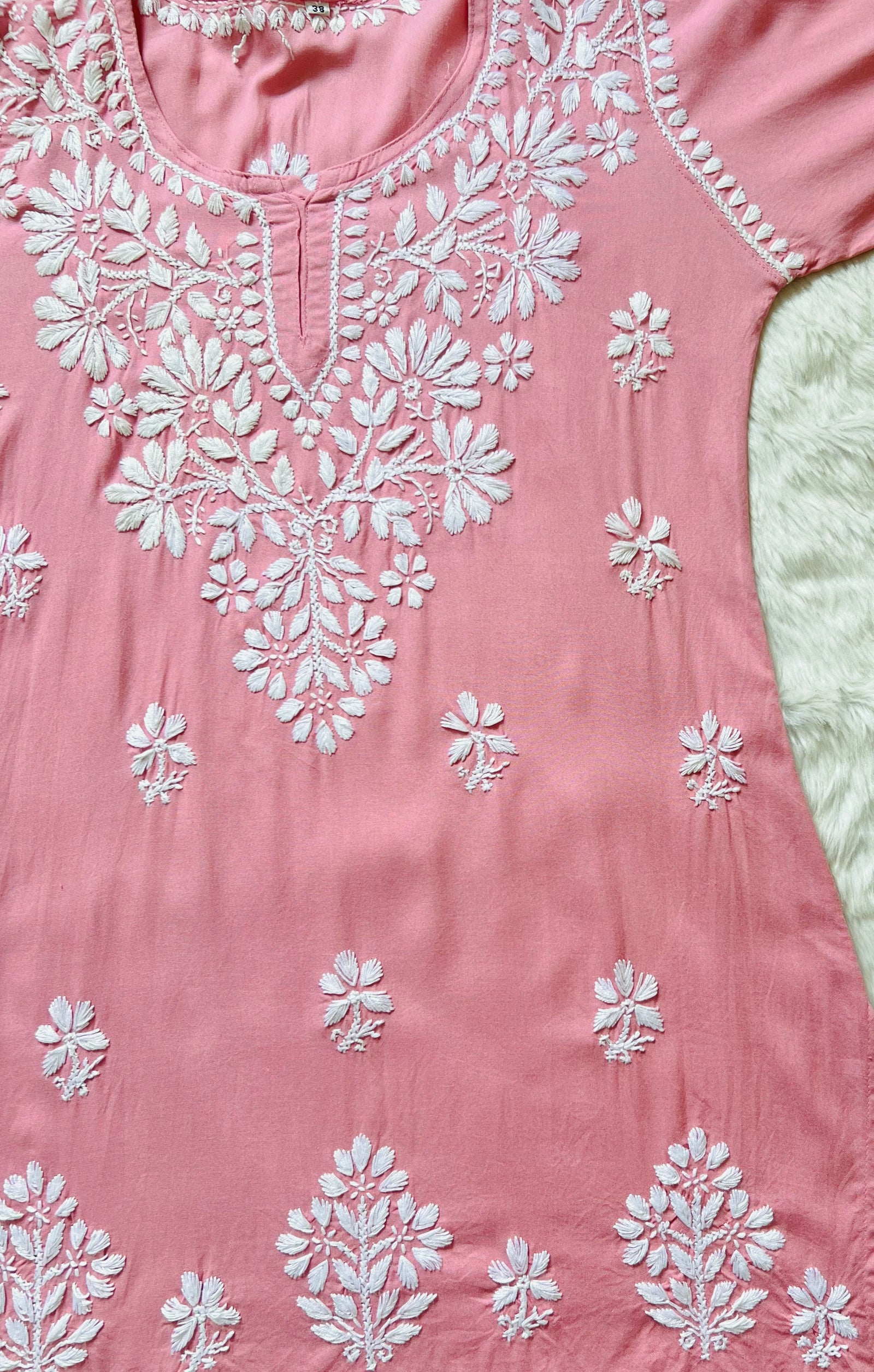 Powder Pink Short Rayon Kurta with White Chikankari