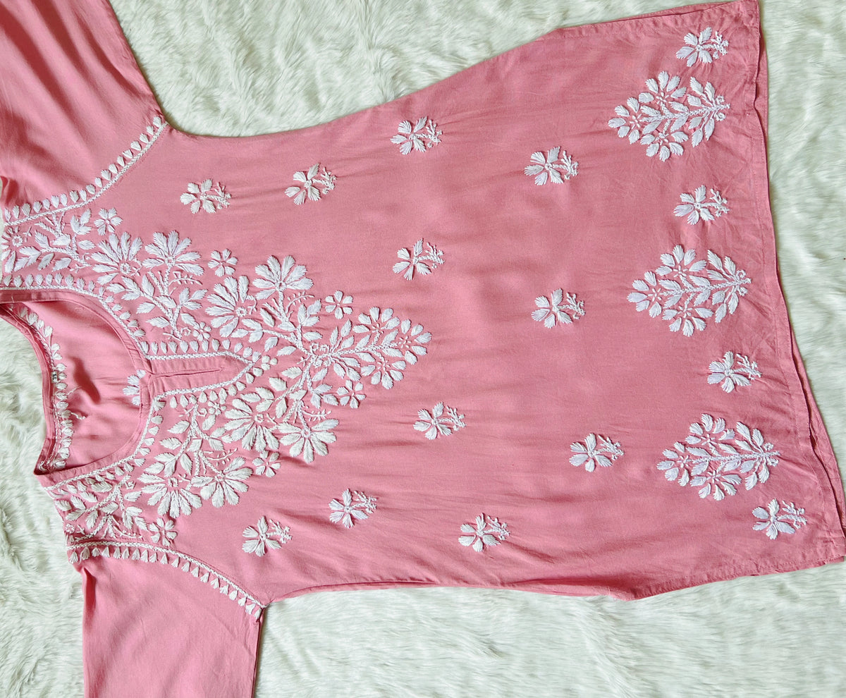 Powder Pink Short Rayon Kurta with White Chikankari