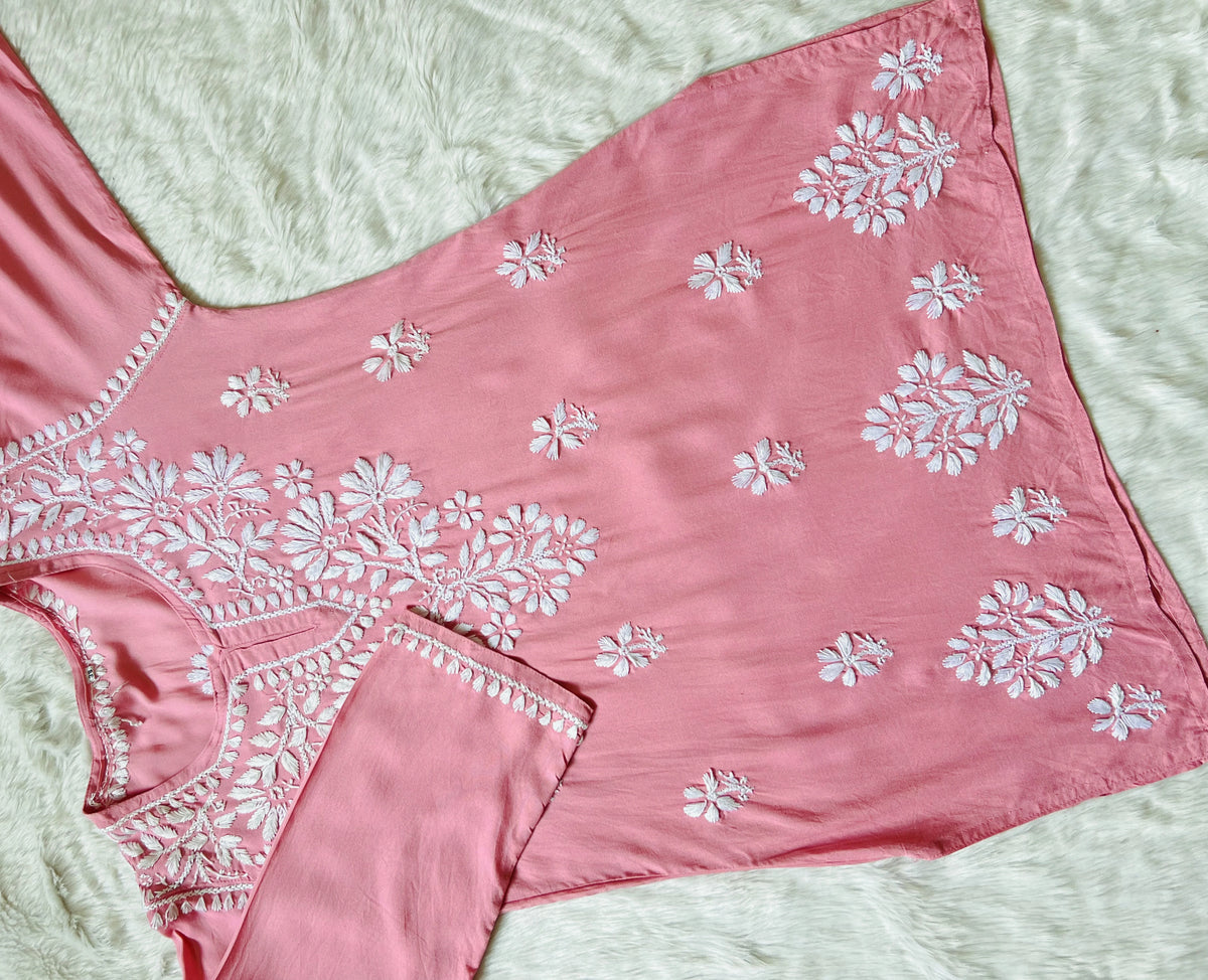 Powder Pink Short Rayon Kurta with White Chikankari