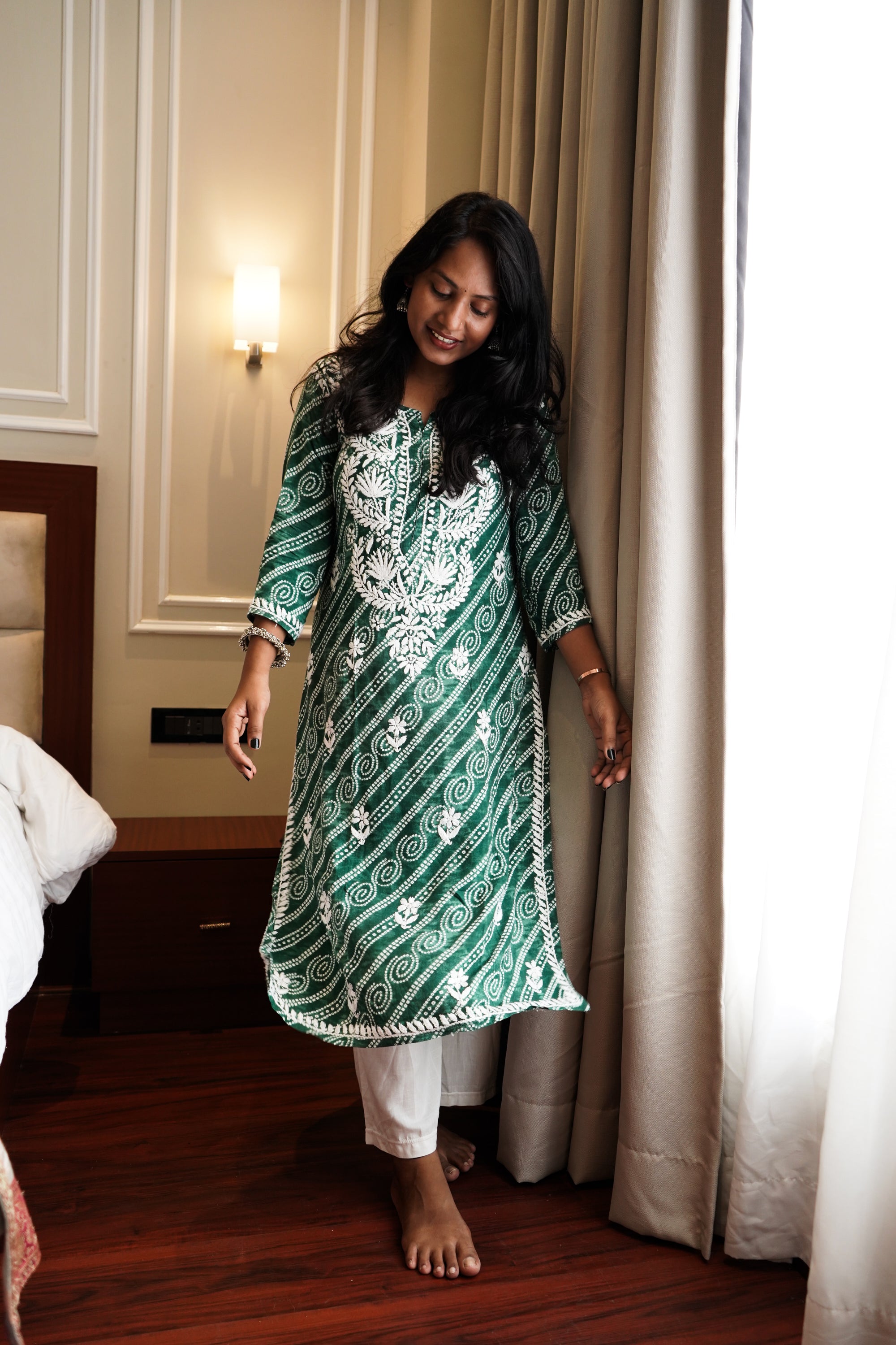 Printed Green Rayon Chikankari Kurta