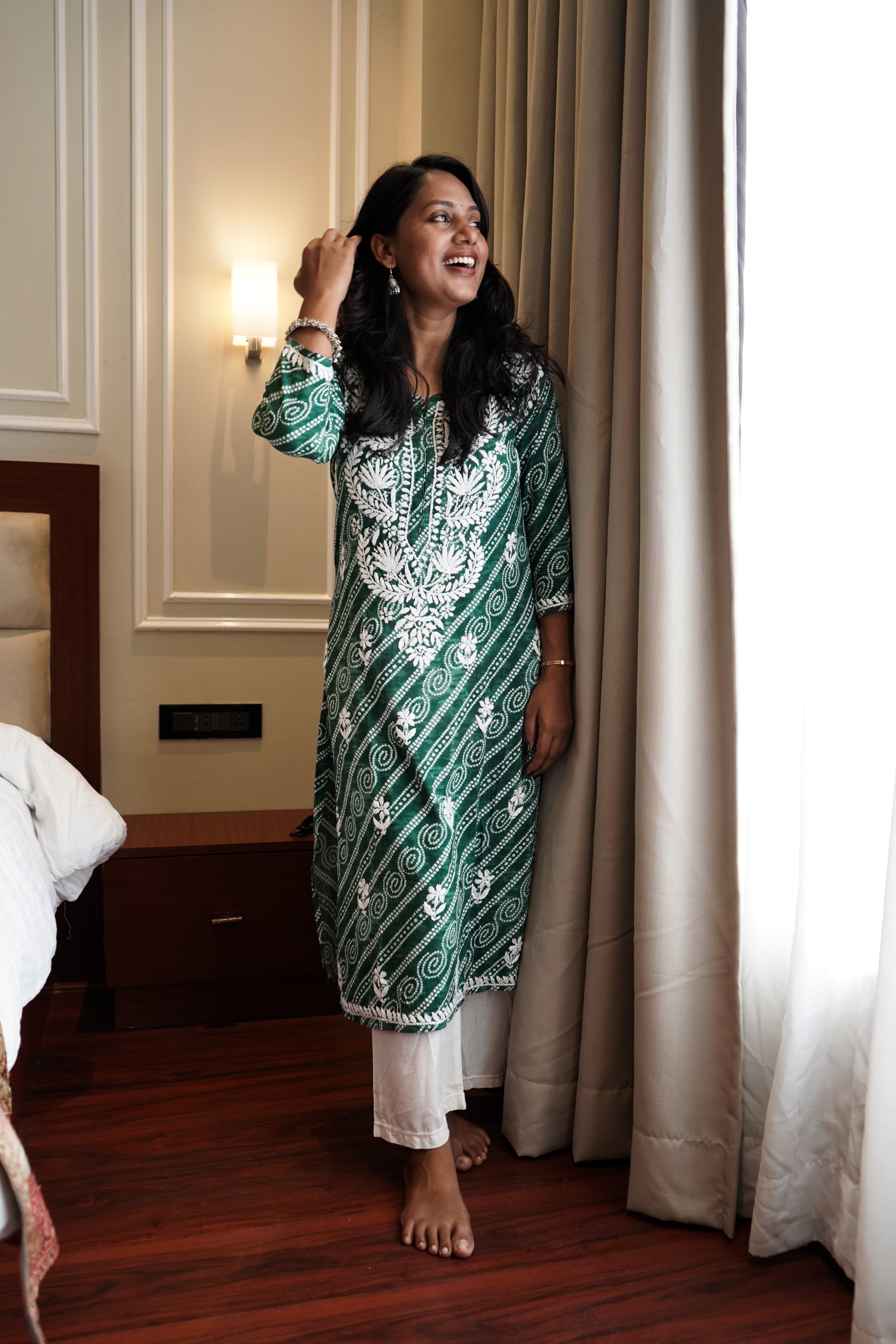 Printed Green Rayon Chikankari Kurta