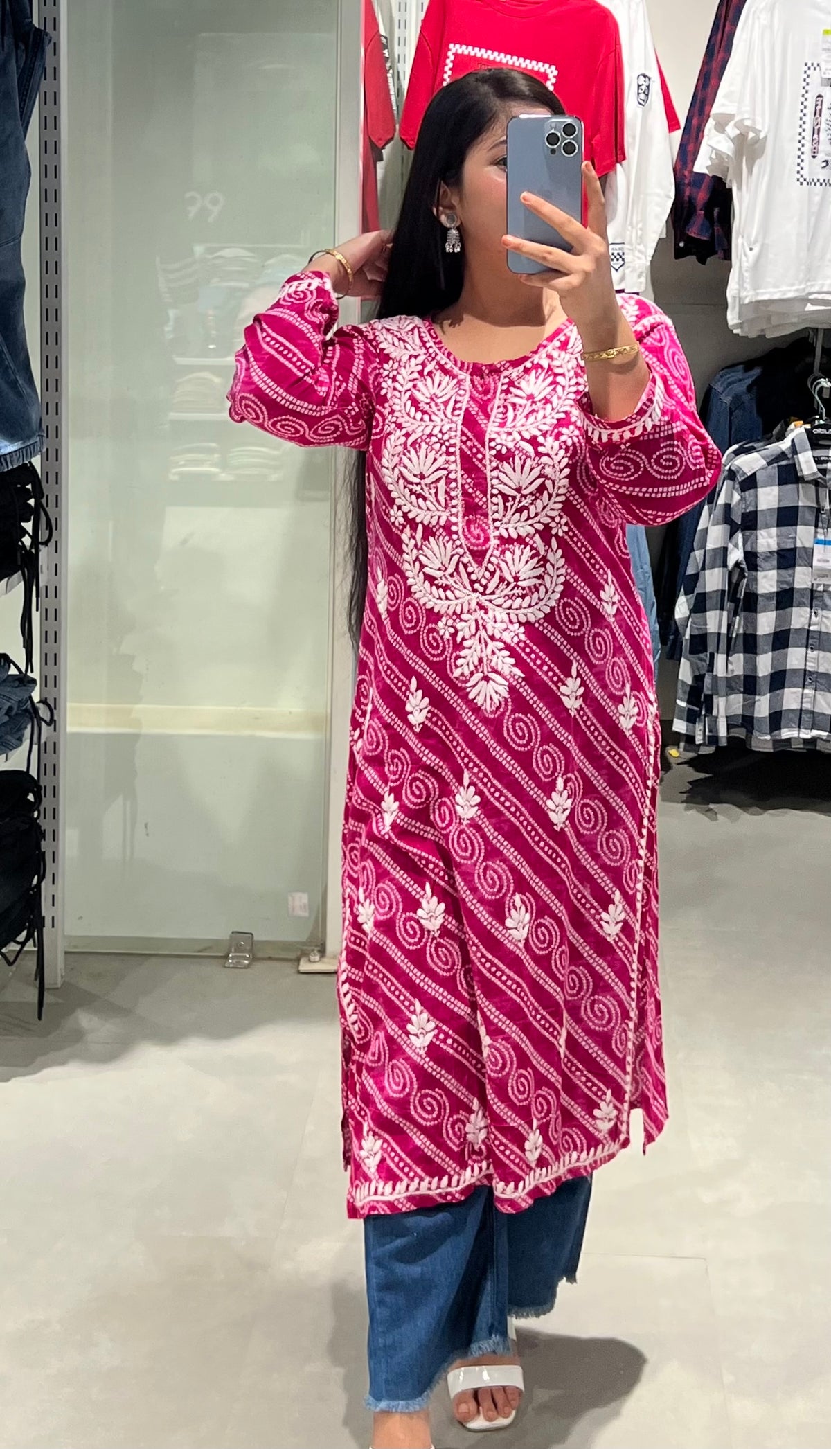 Printed Pink Rayon Chikankari Kurta