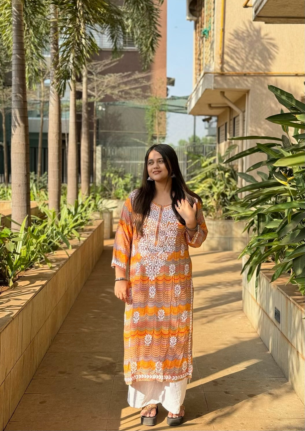 Printed Rust Orange Long Rayon Kurta