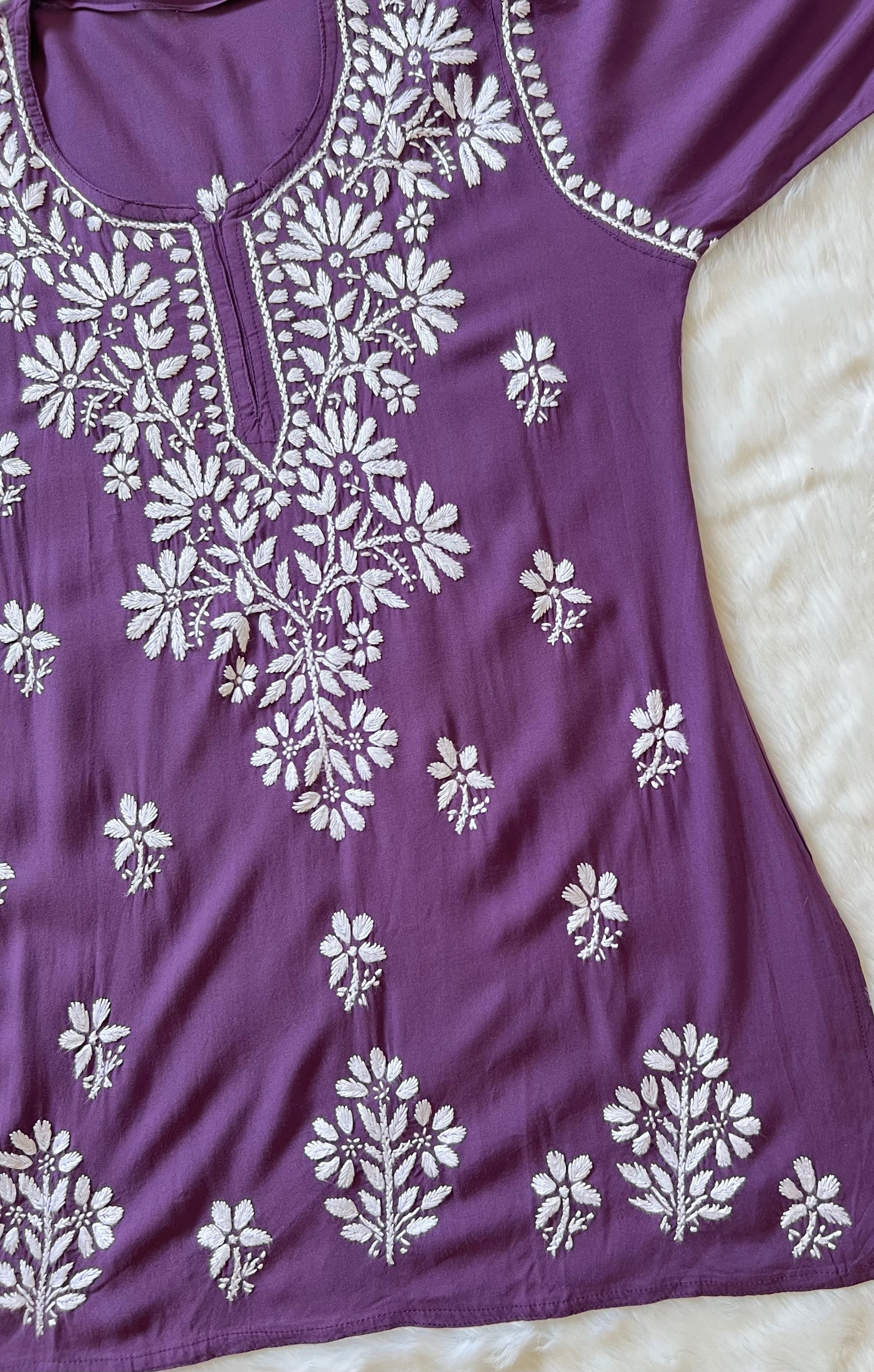 Purple Short Rayon Kurta with White Chikankari