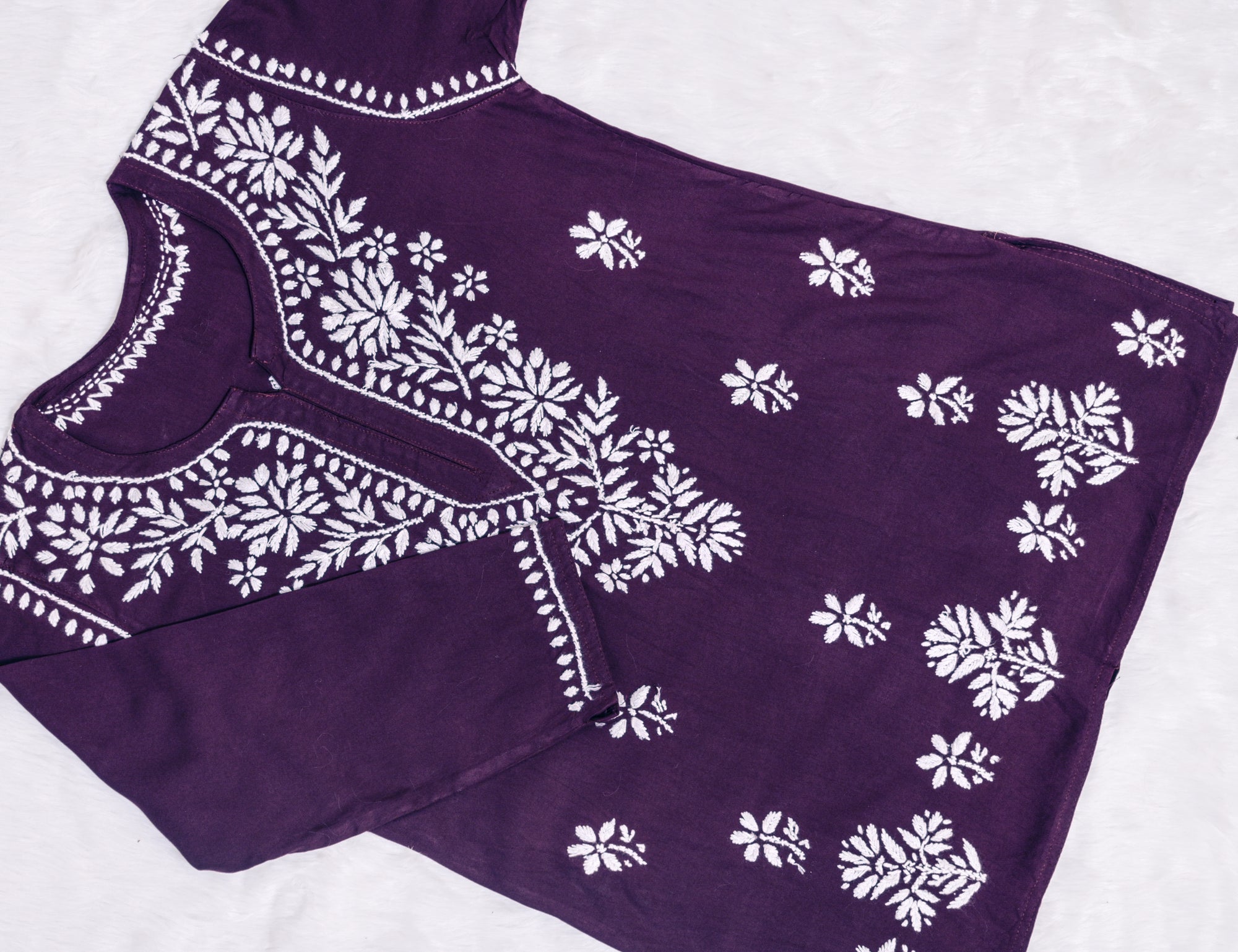 Purple Short Rayon Kurta with White Chikankari