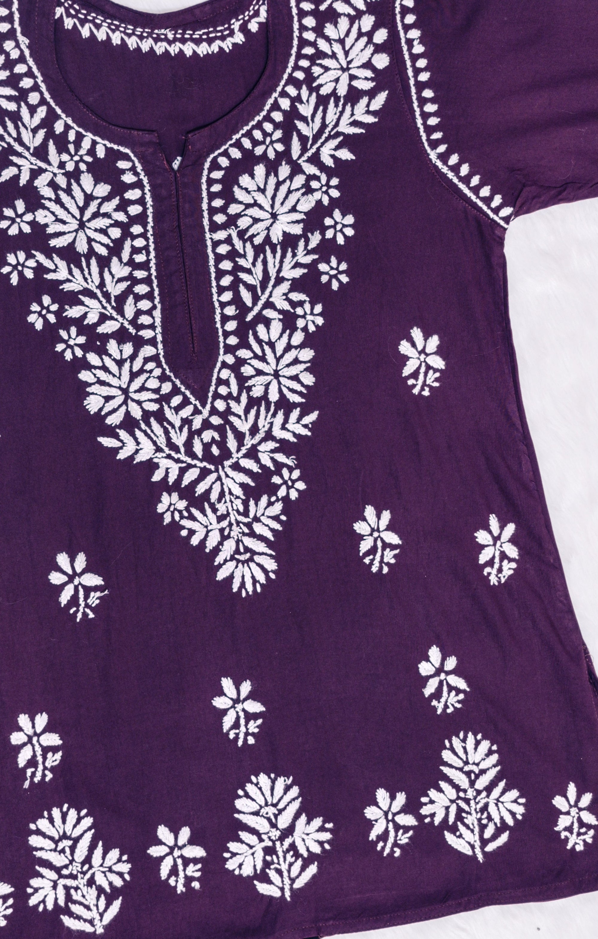 Purple Short Rayon Kurta with White Chikankari