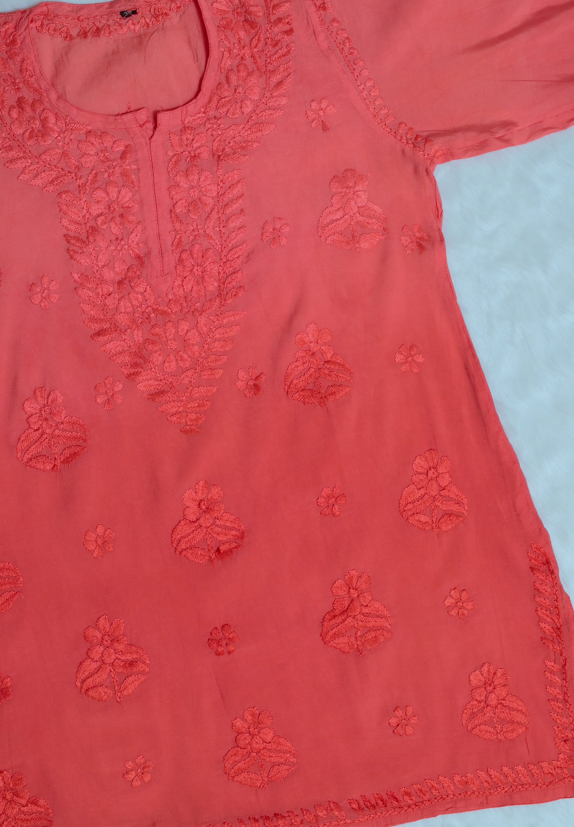 Red Chanderi Short Chikankari Kurta