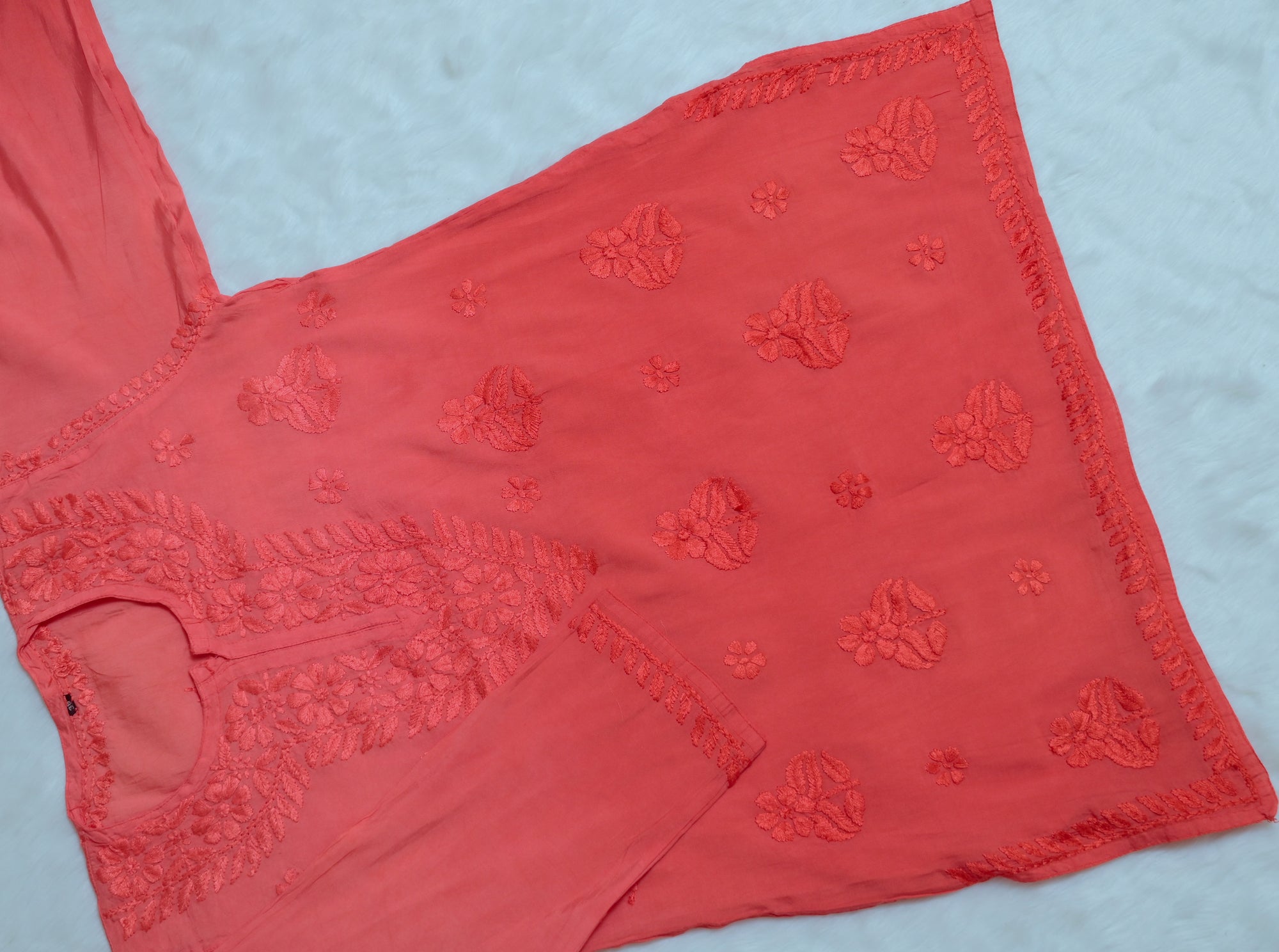 Red Chanderi Short Chikankari Kurta