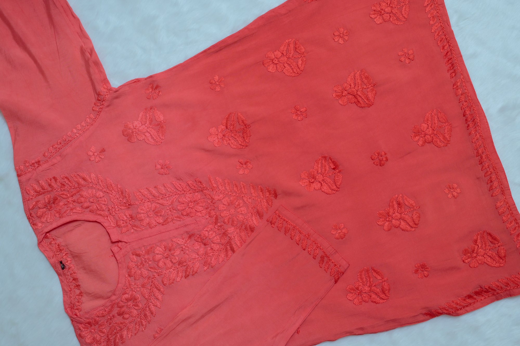 Red Chanderi Short Chikankari Kurta