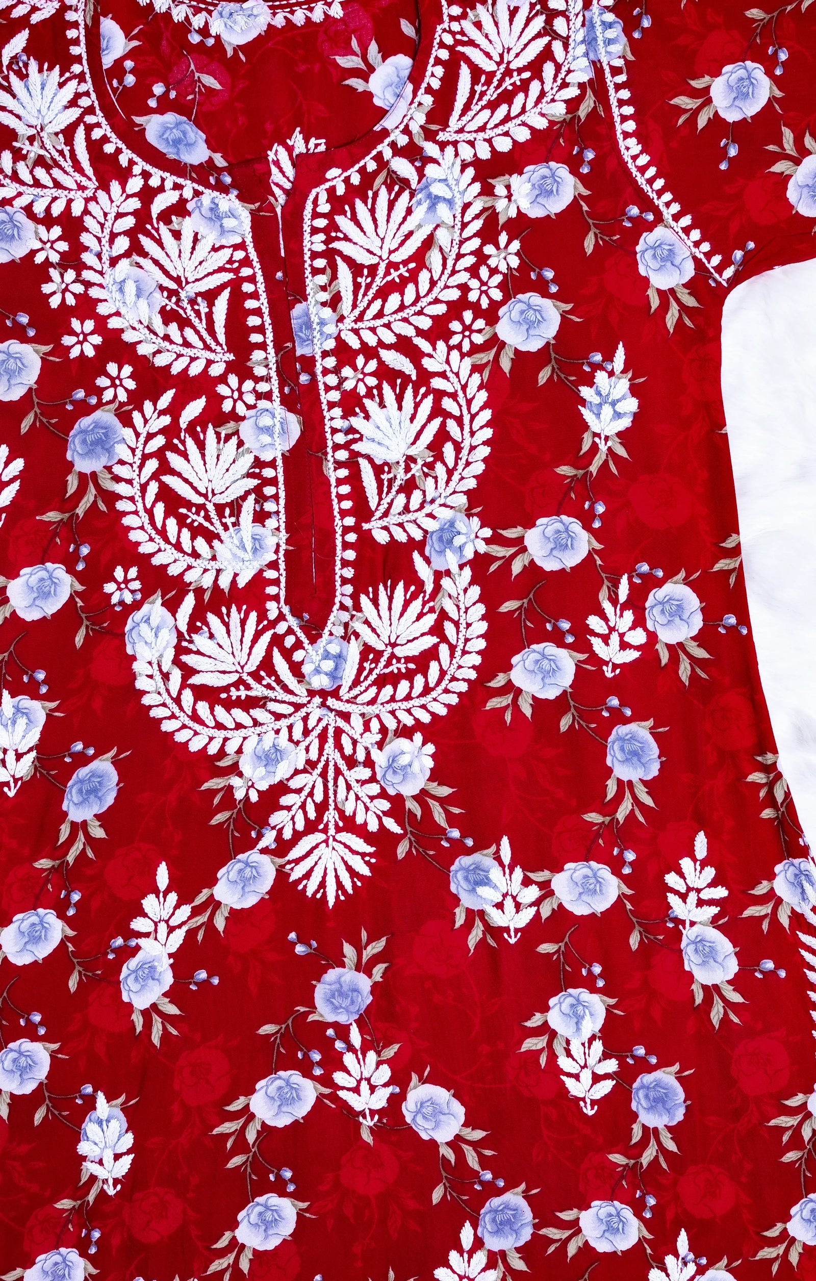 Red Floral Long Rayon Chikankari Kurta