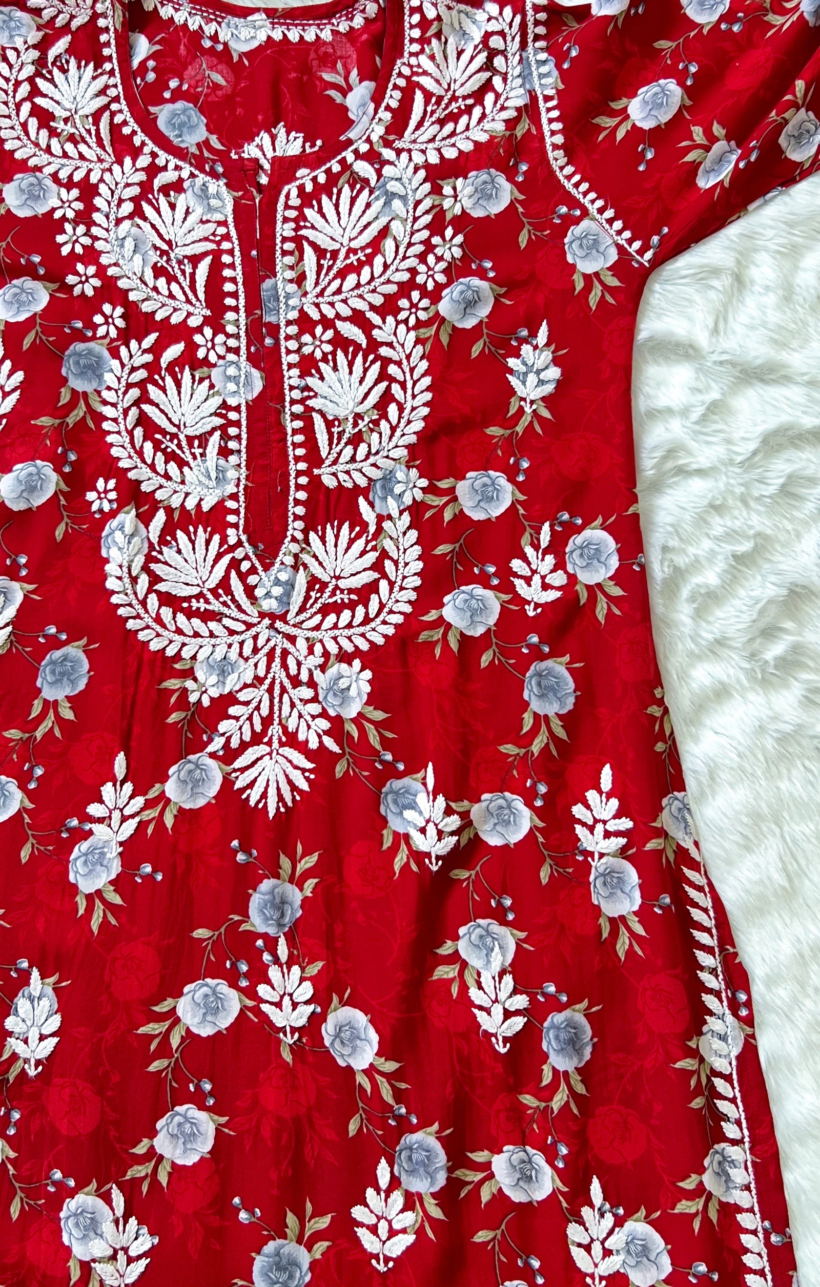Red Floral Long Rayon Chikankari Kurta