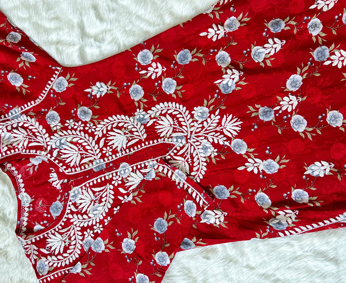 Red Floral Long Rayon Chikankari Kurta