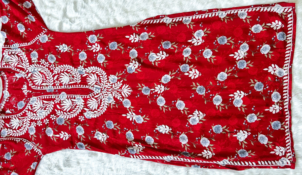 Red Floral Long Rayon Chikankari Kurta