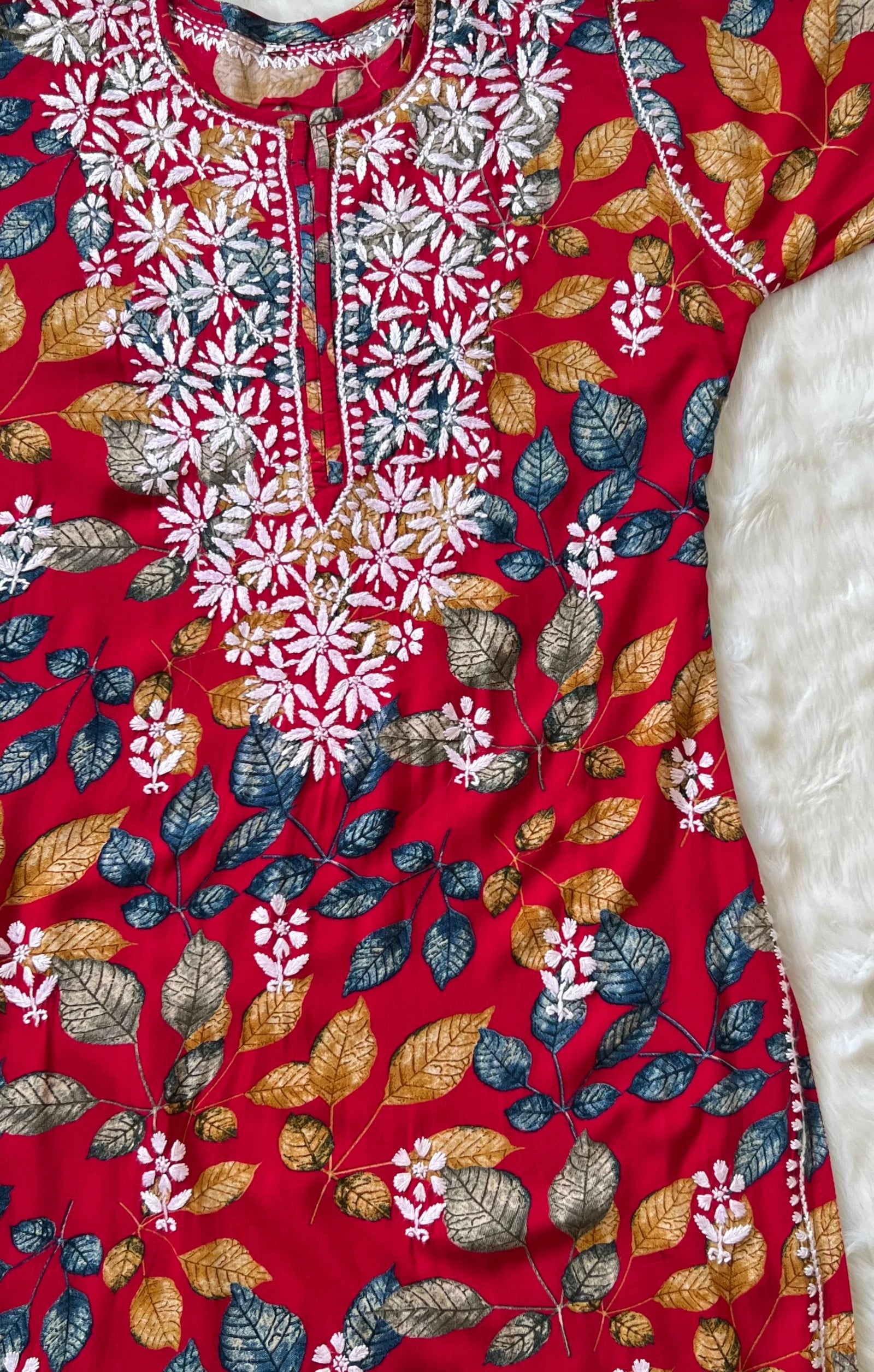 Red Leaf Printed Long Rayon Kurta