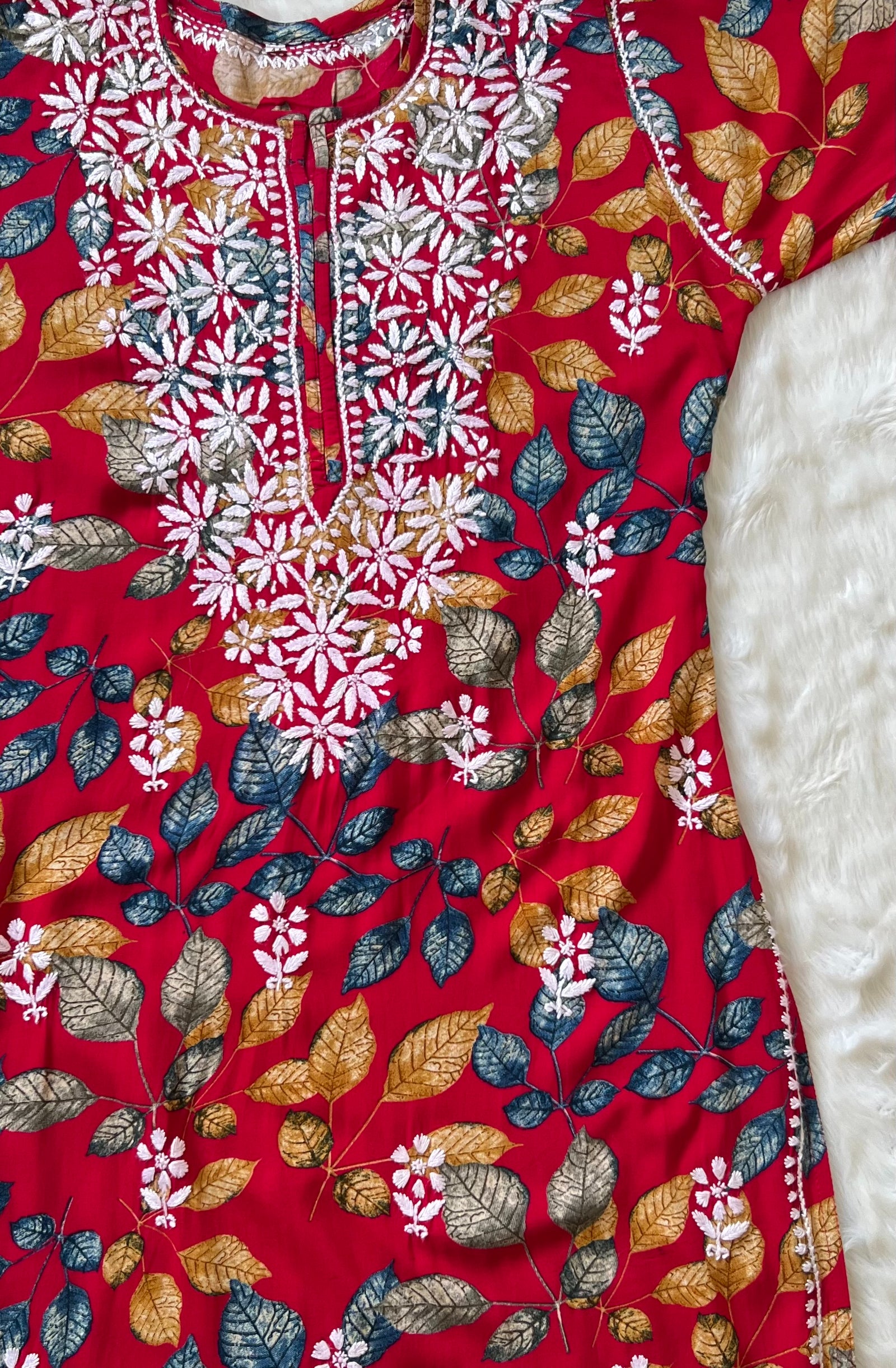 Red Leaf Printed Long Rayon Kurta