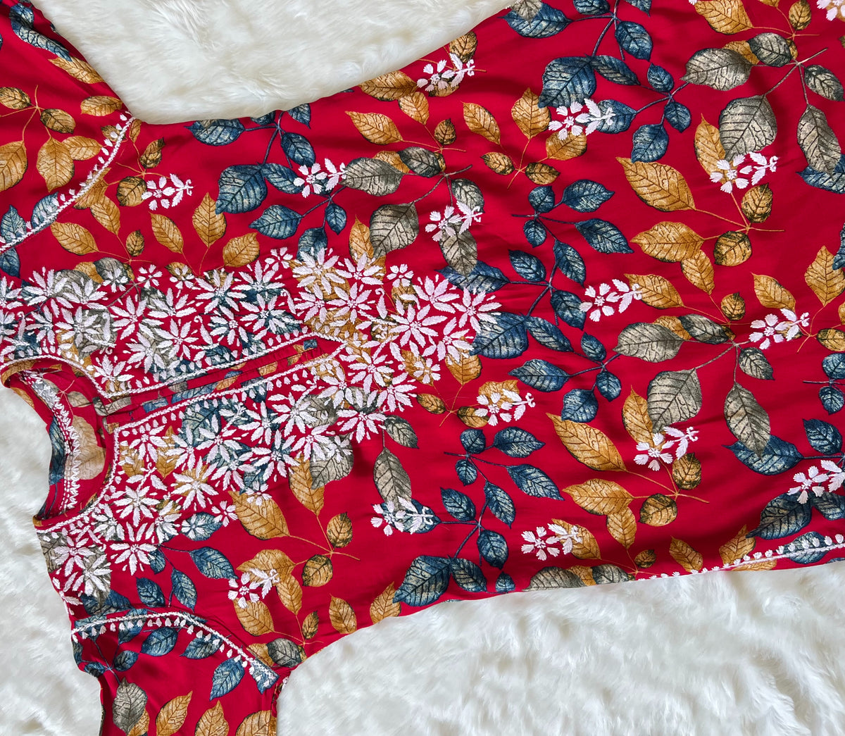 Red Leaf Printed Long Rayon Kurta