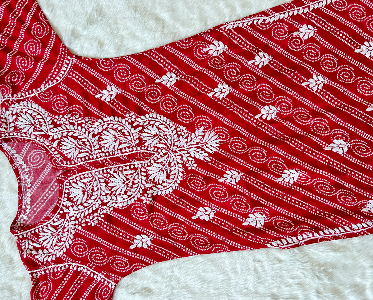 Red Long Printed Rayon Kurta