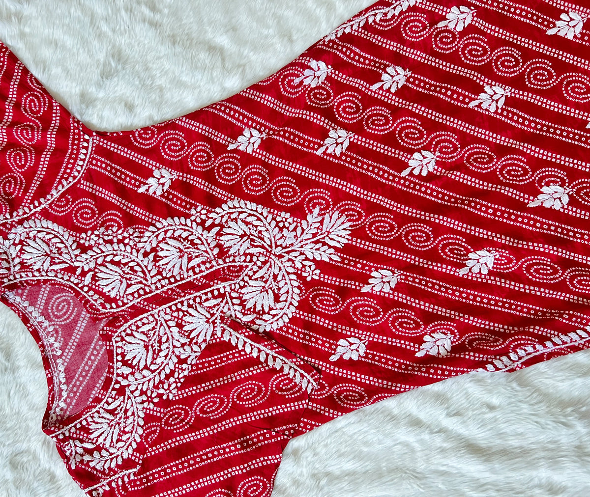Red Long Printed Rayon Kurta