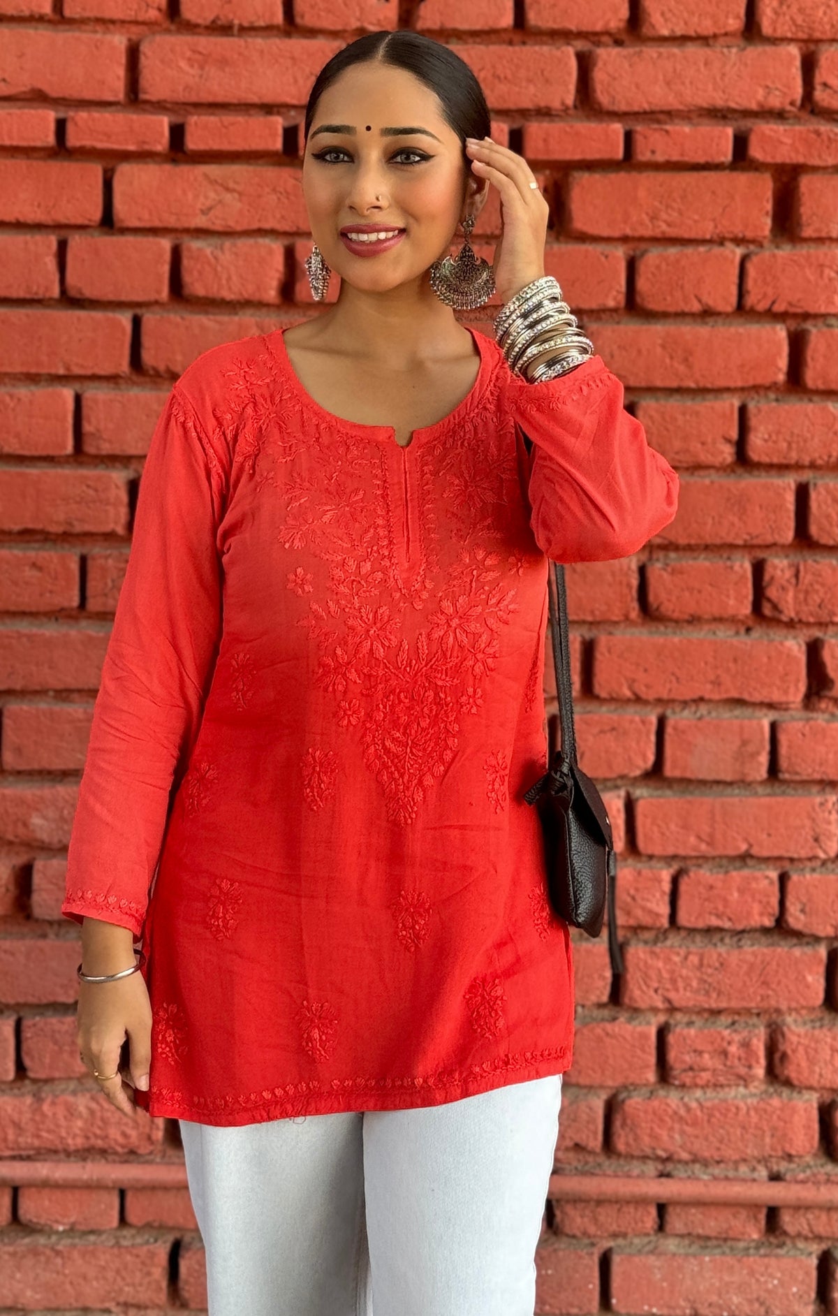 Red Short Rayon Chikankari Kurta