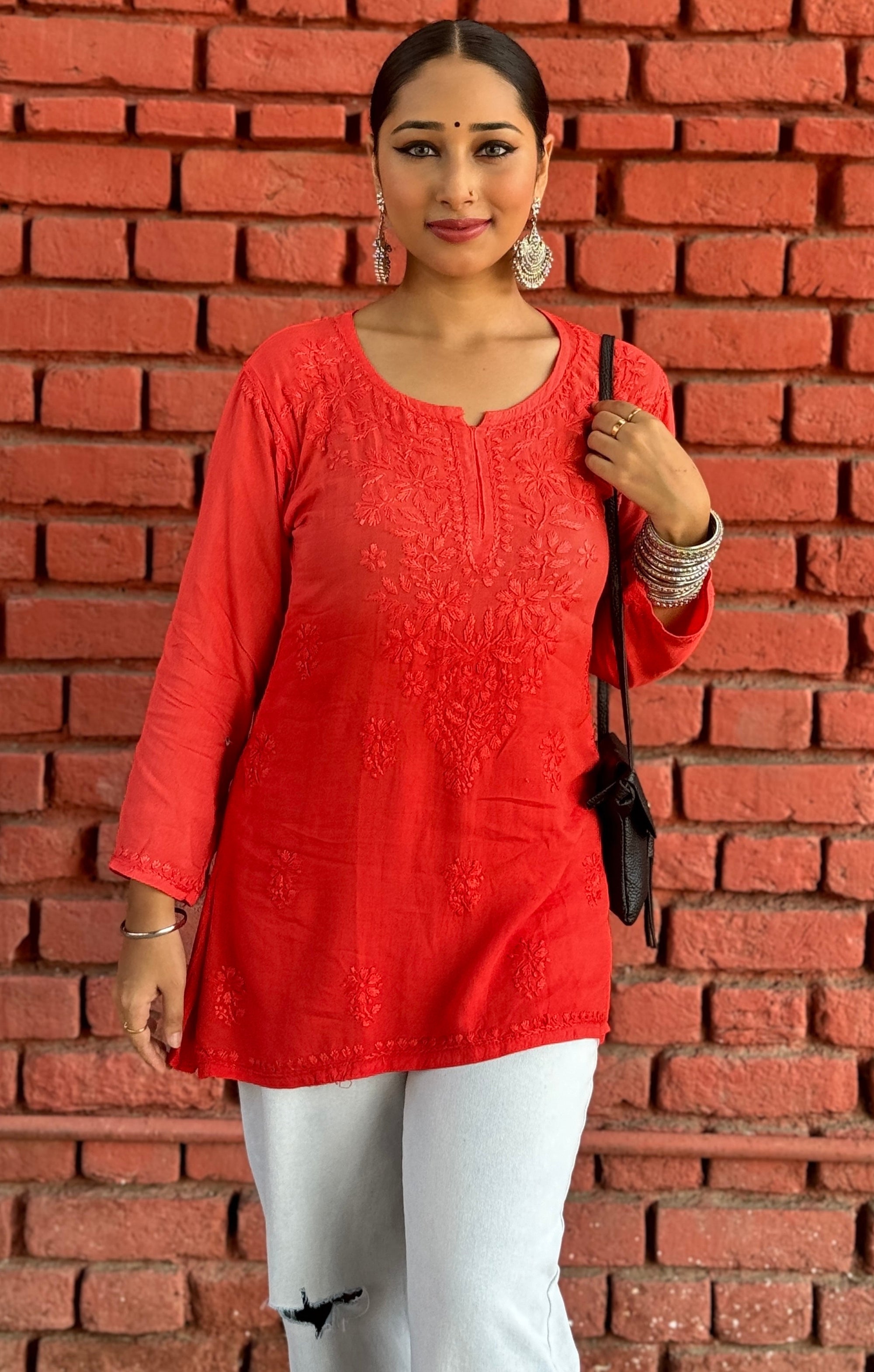 Red Short Rayon Chikankari Kurta