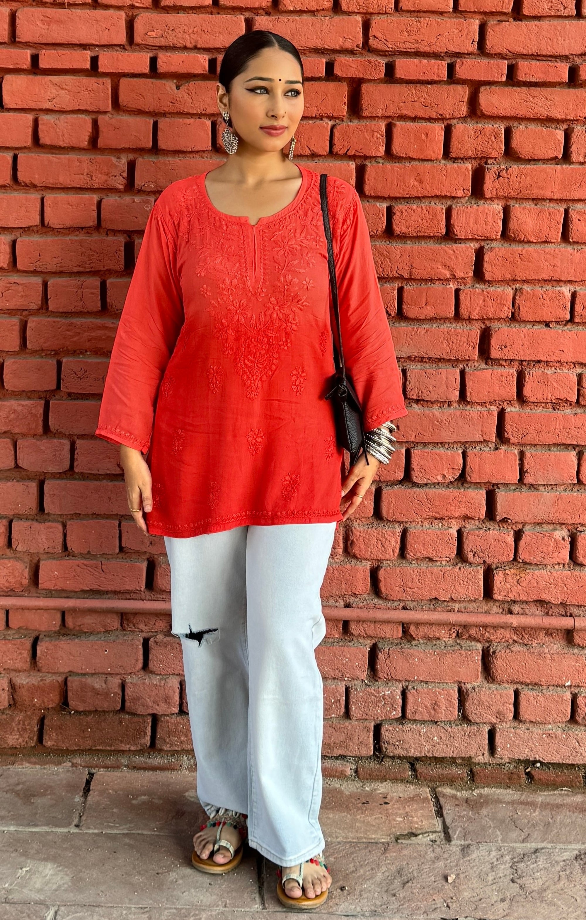 Red Short Rayon Chikankari Kurta