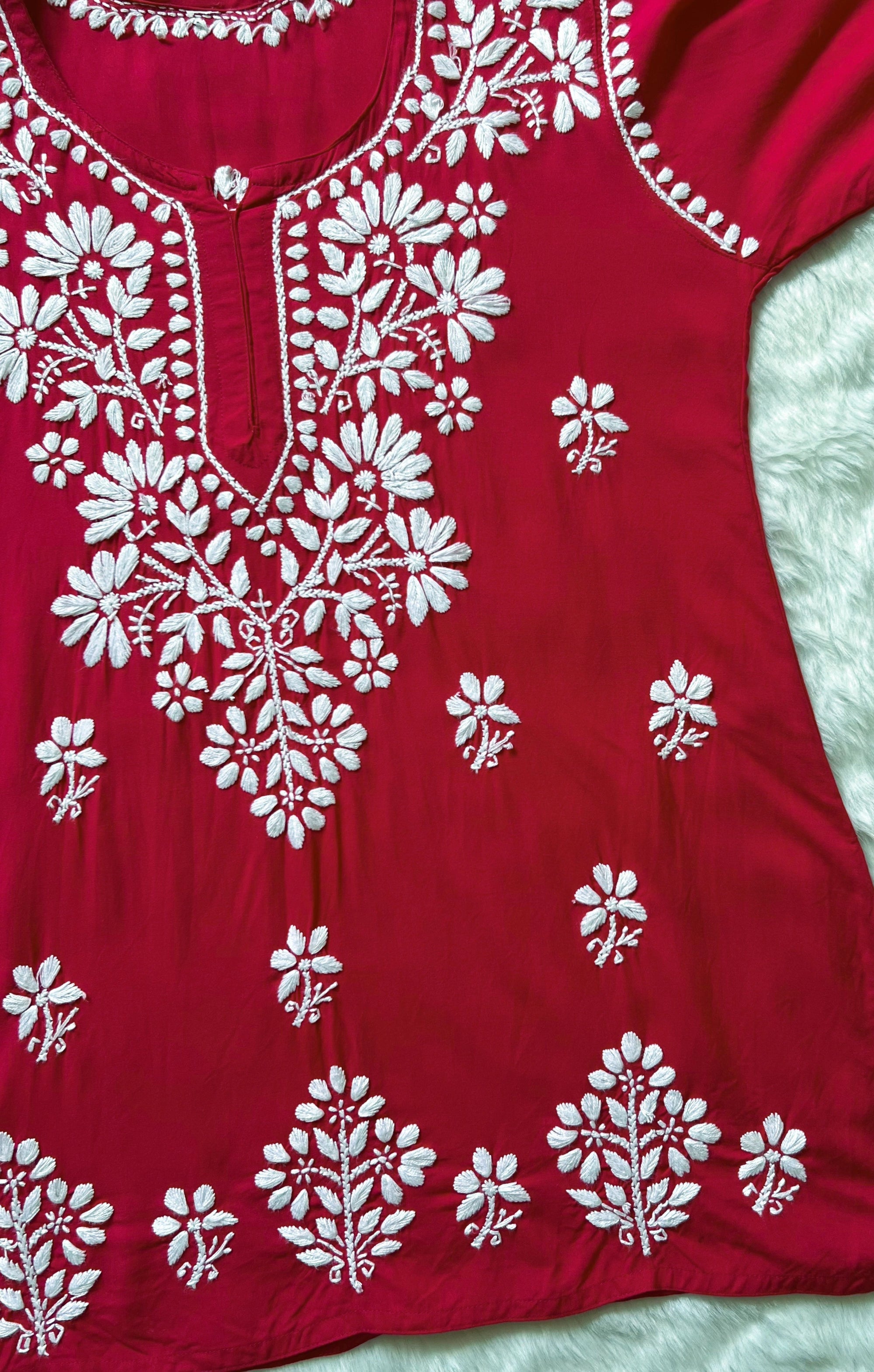 Red Short Rayon Kurta with White Chikankari
