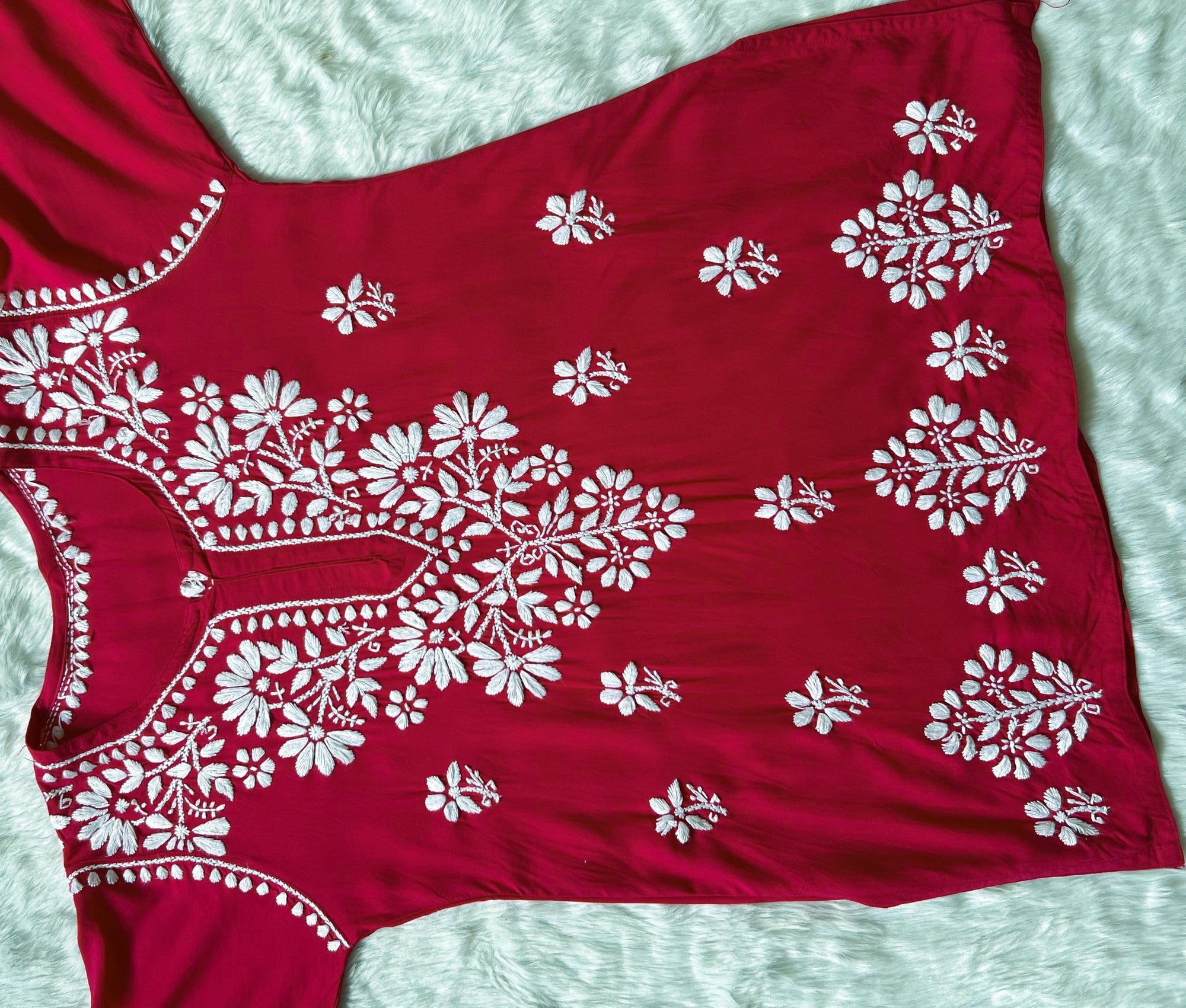 Red Short Rayon Kurta with White Chikankari