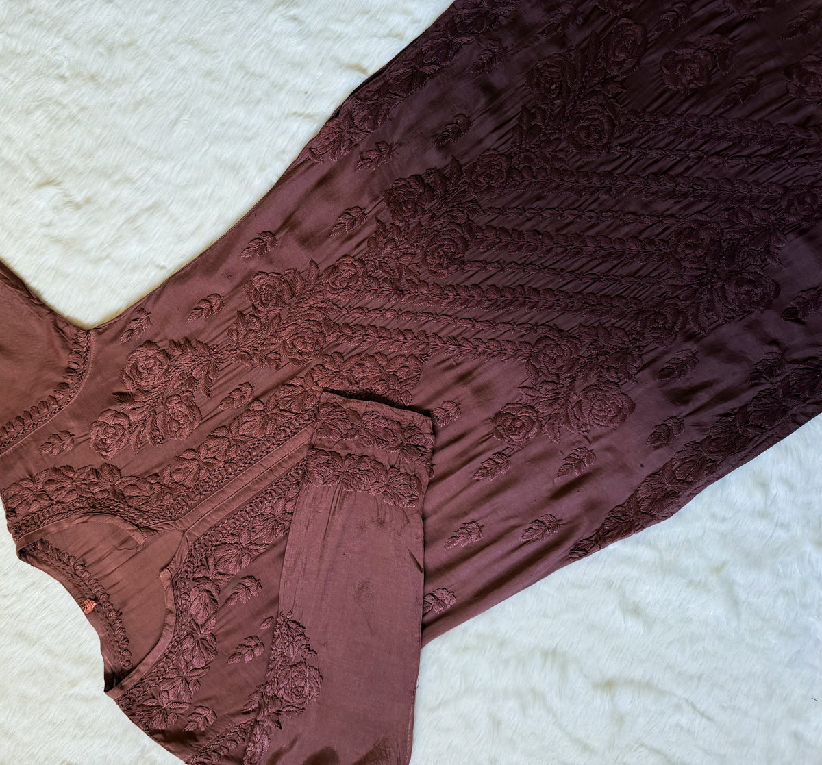 Rhea Brown 3D Chikankari Long Muslin Kurti