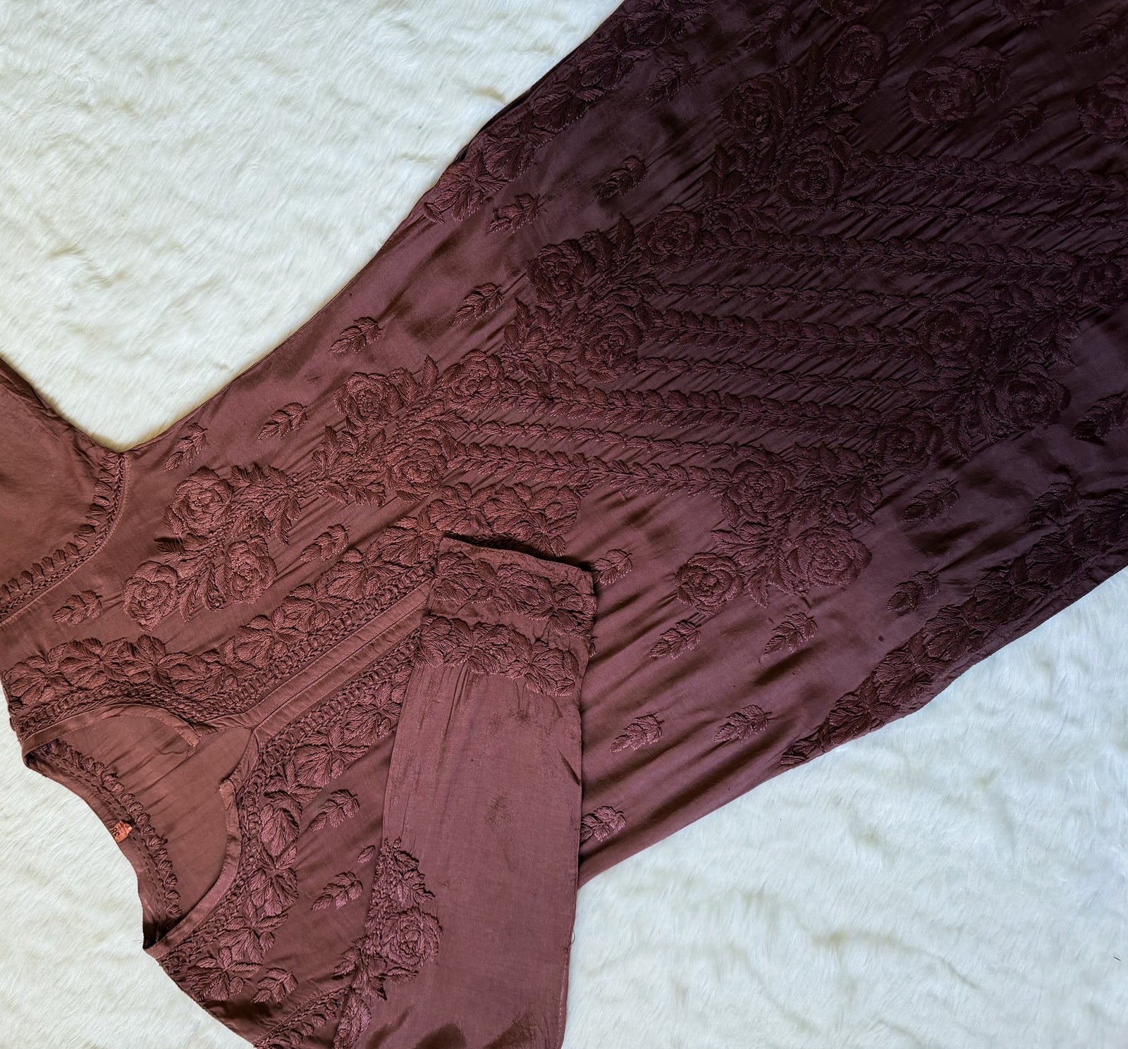 Rhea Brown 3D Chikankari Long Muslin Kurti