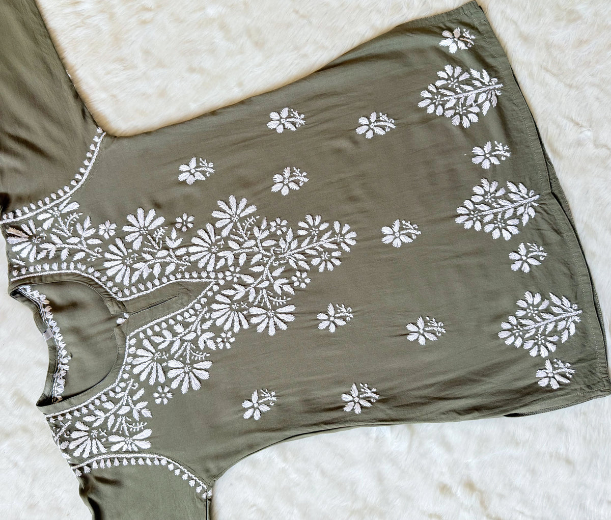 Rhea Moss Green Short Rayon Kurta with White Chikankari